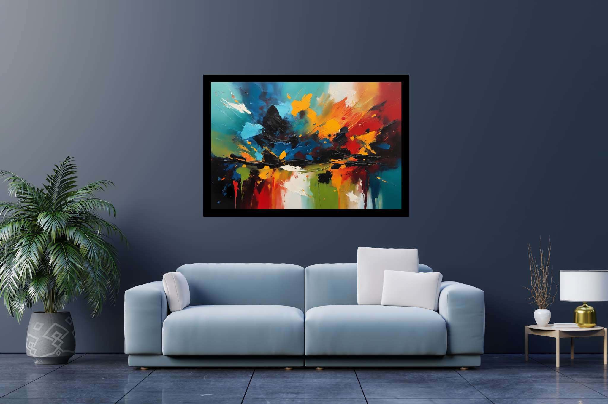 Chromatic overture: Vibrant art with vibrant mixed media art, in a room with great design, mural artworks, and home furnishings. The art can be printed on poster, framed poster, canvas, metal, acrylic or wood, exclusively at WallArtZen. Find this exact print at https://wallartzen.com/waz140
