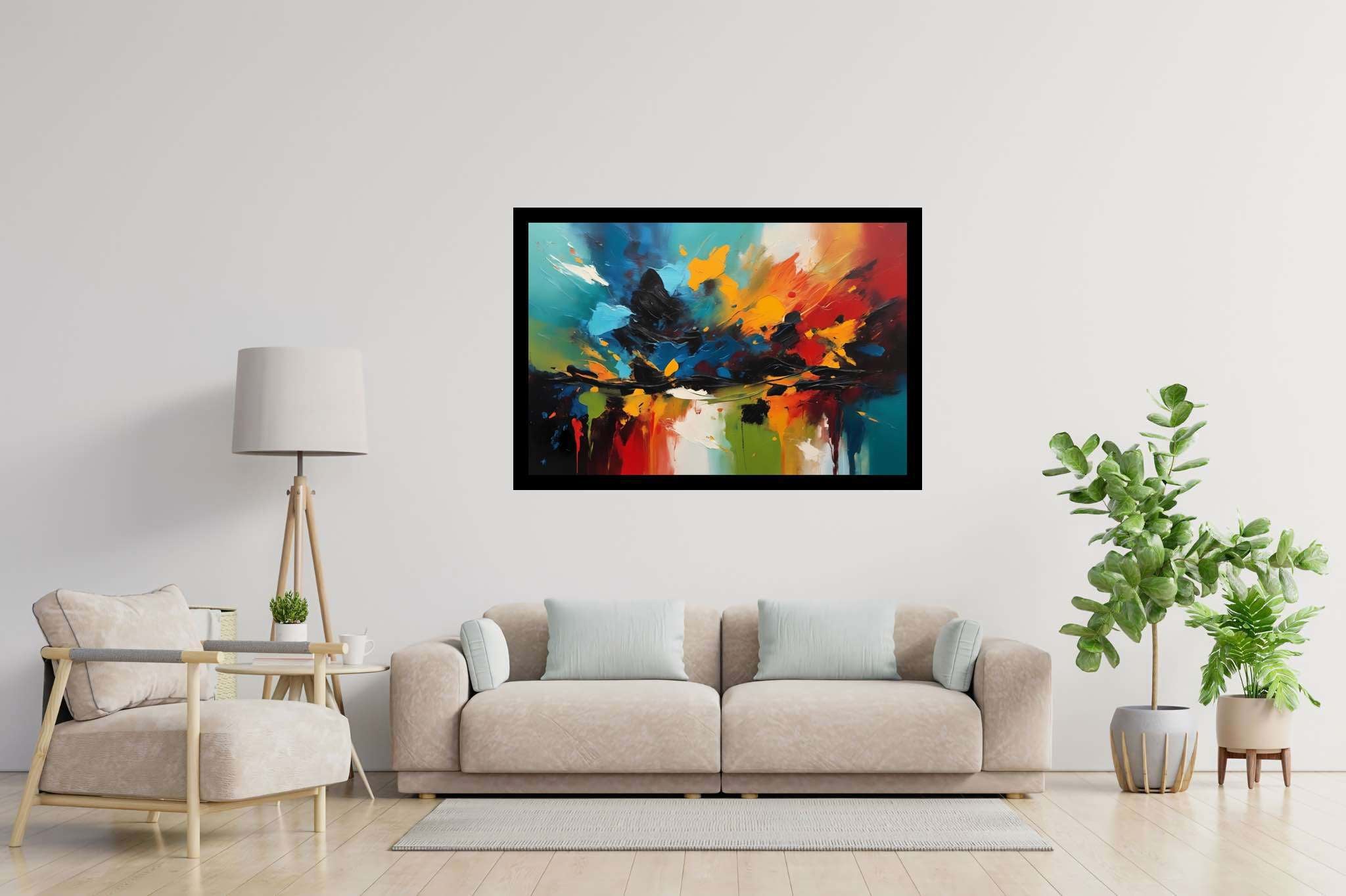 Chromatic overture: Vibrant art with energetic art, in a room with minimalist approach, photographic wall art, and luxe decor. The art can be printed on poster, framed poster, canvas, metal, acrylic or wood, exclusively at WallArtZen. Find this exact print at https://wallartzen.com/waz140