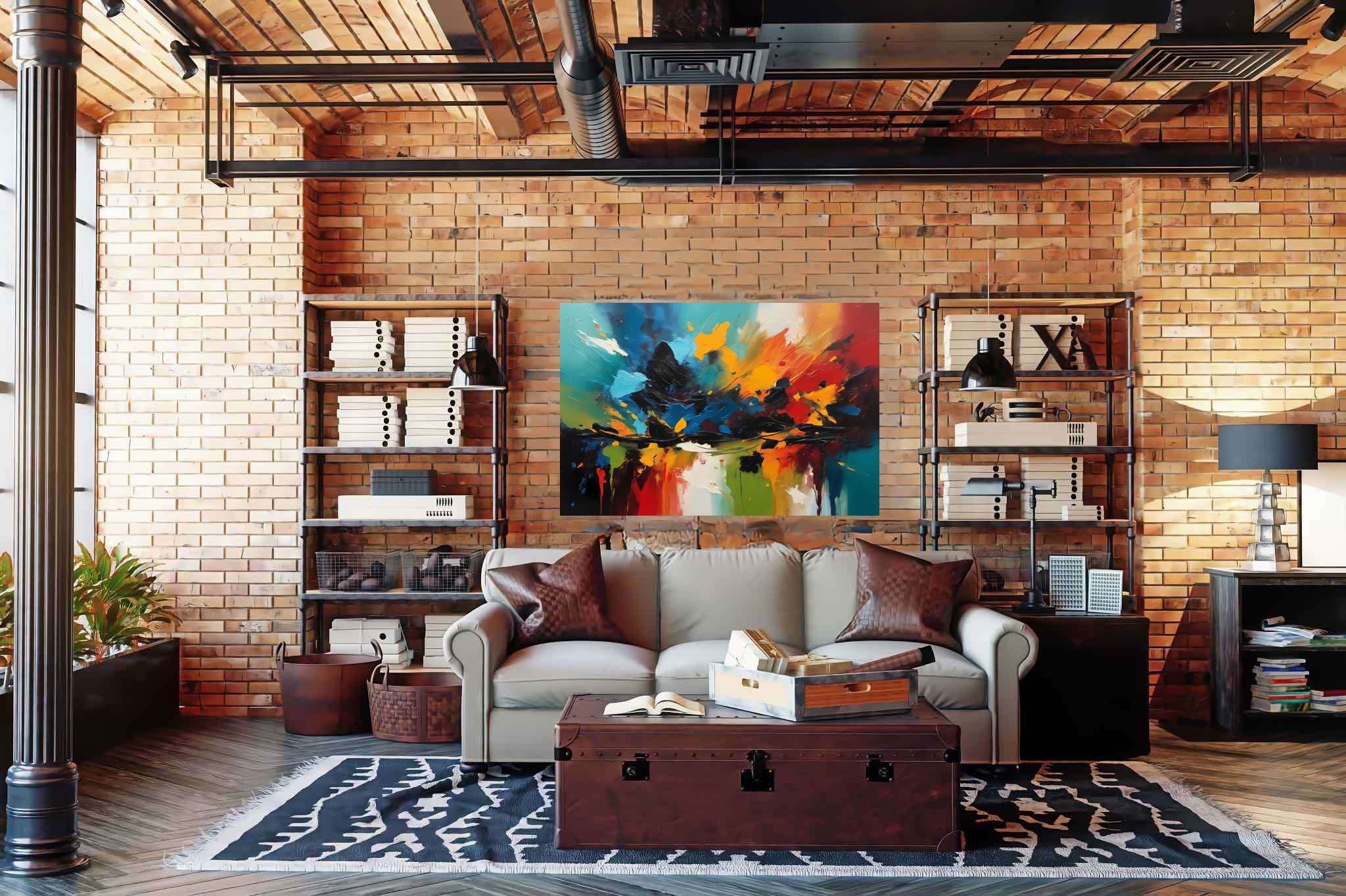 Chromatic overture: Vibrant art with dynamic artwork, in a room with artistic style, framed art, and elegant home goods. The art can be printed on poster, framed poster, canvas, metal, acrylic or wood, exclusively at WallArtZen. Find this exact print at https://wallartzen.com/waz140