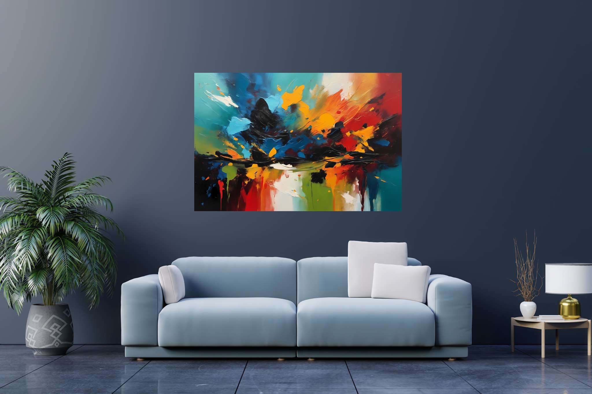 Chromatic overture: Vibrant art with vibrant art gallery, in a room with contemporary flair, bespoke art designs, and luxe decor. The art can be printed on poster, framed poster, canvas, metal, acrylic or wood, exclusively at WallArtZen. Find this exact print at https://wallartzen.com/waz140