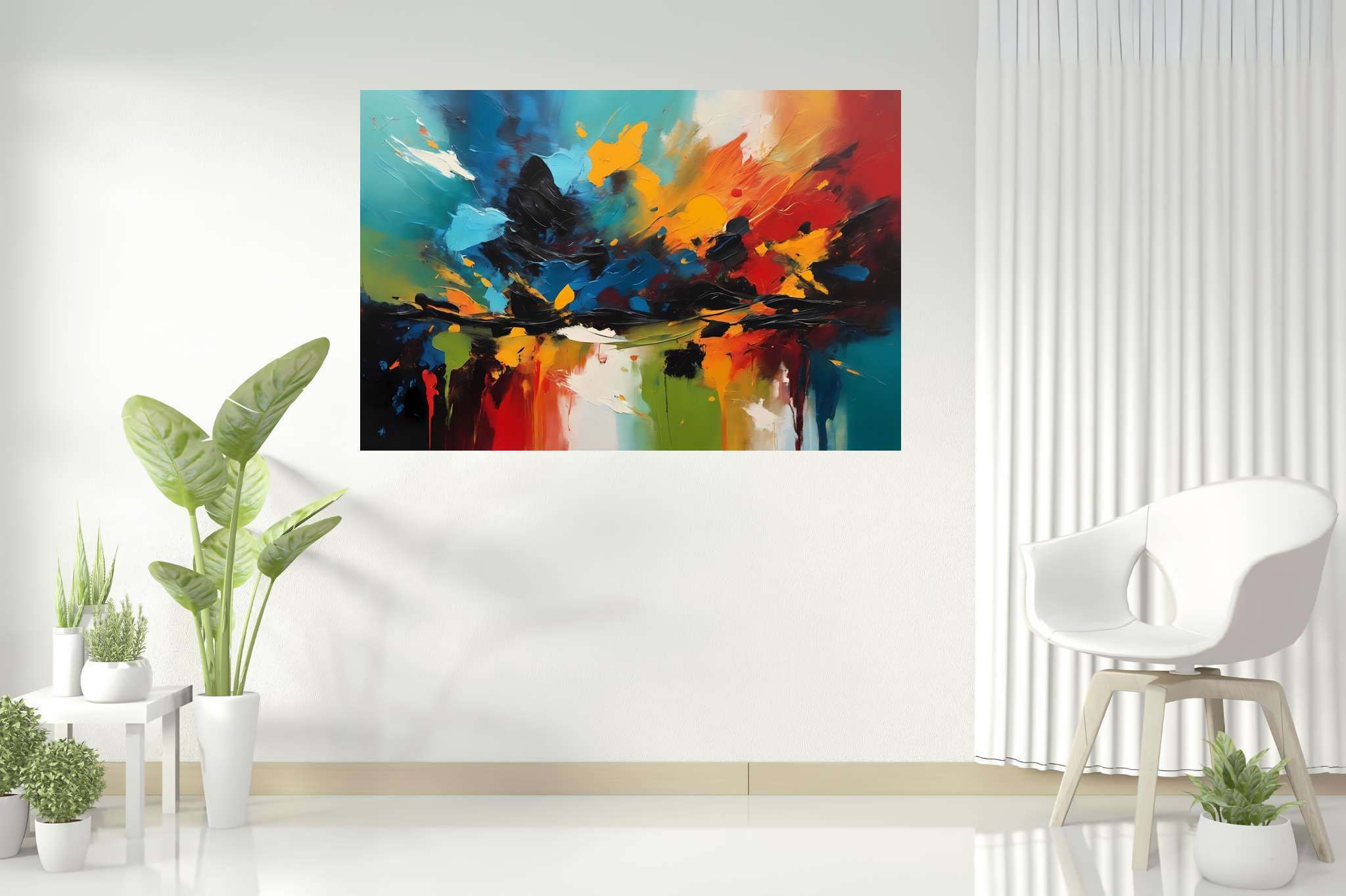 Chromatic overture: Vibrant art with lively art, in a room with modern style, wall art, and home styling items. The art can be printed on poster, framed poster, canvas, metal, acrylic or wood, exclusively at WallArtZen. Find this exact print at https://wallartzen.com/waz140