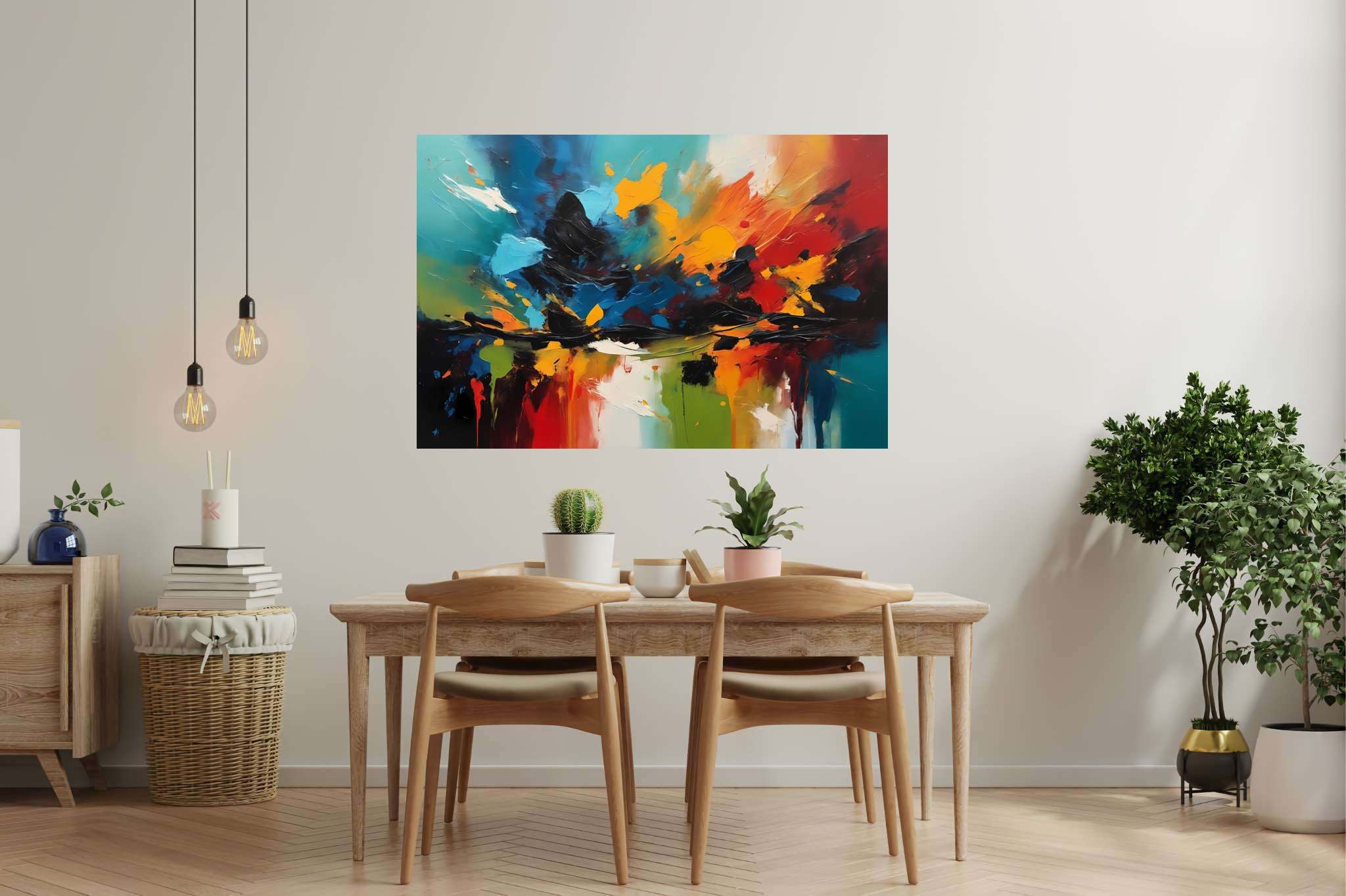 Chromatic overture: Vibrant art with vibrant art gallery, in a room with great design, digital art pieces, and home furnishings. The art can be printed on poster, framed poster, canvas, metal, acrylic or wood, exclusively at WallArtZen. Find this exact print at https://wallartzen.com/waz140