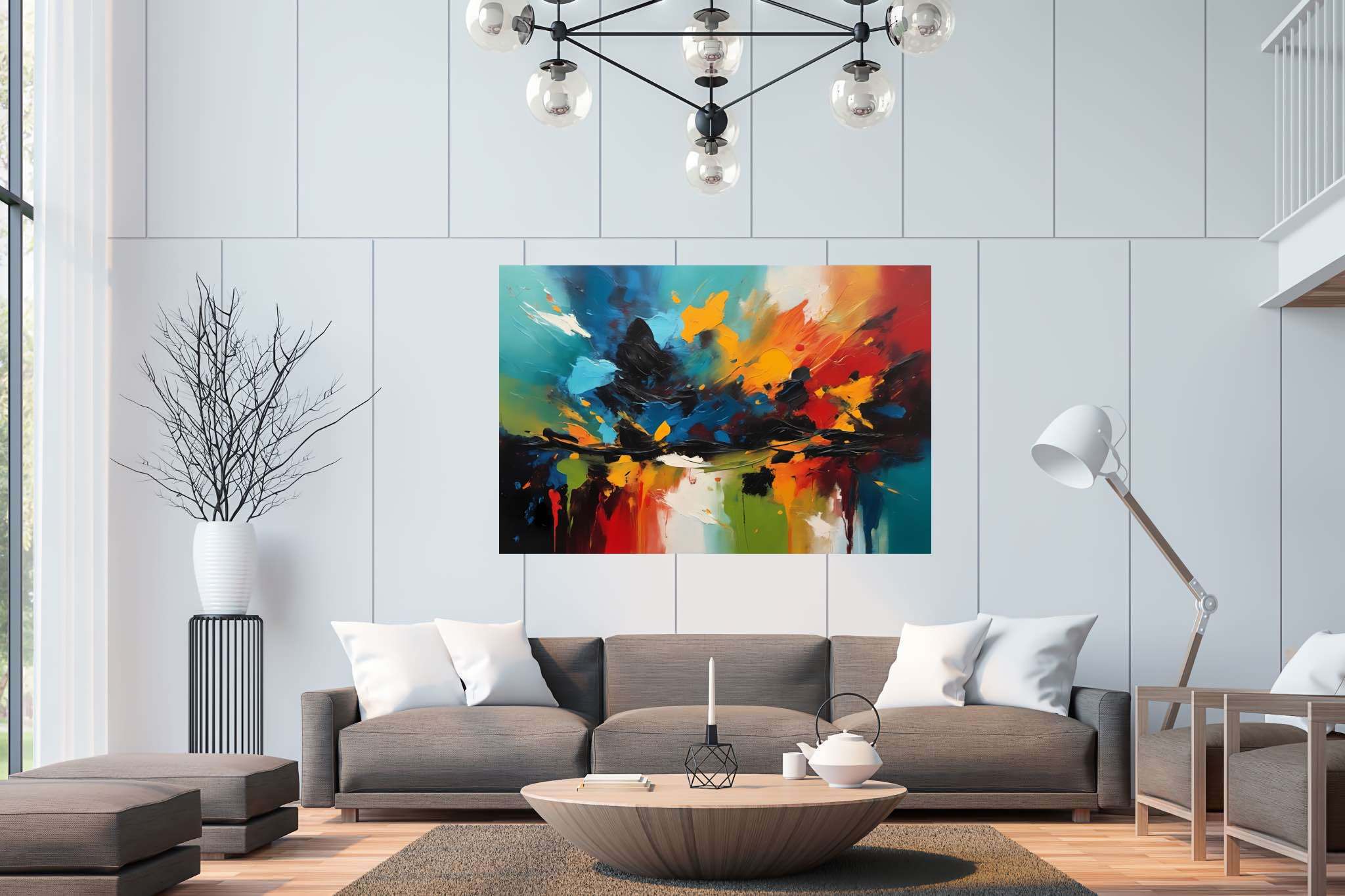 Chromatic overture: Vibrant art with energetic art, in a room with artistic style, photographic wall art, and elegant home goods. The art can be printed on poster, framed poster, canvas, metal, acrylic or wood, exclusively at WallArtZen. Find this exact print at https://wallartzen.com/waz140