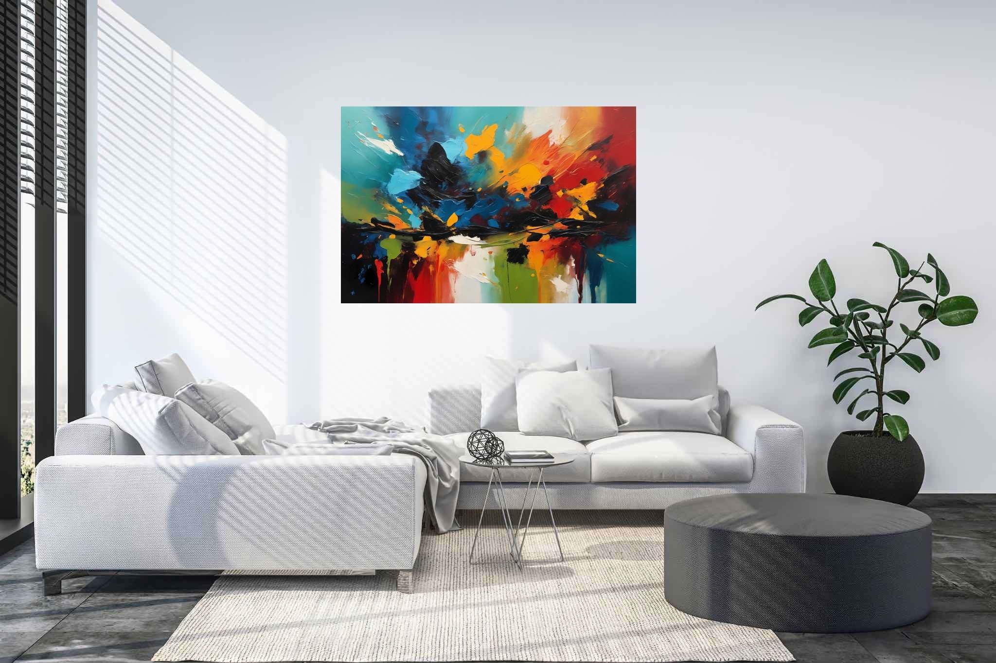 Chromatic overture: Vibrant art with dynamic artwork, in a room with classic elegance, framed art, and home styling items. The art can be printed on poster, framed poster, canvas, metal, acrylic or wood, exclusively at WallArtZen. Find this exact print at https://wallartzen.com/waz140