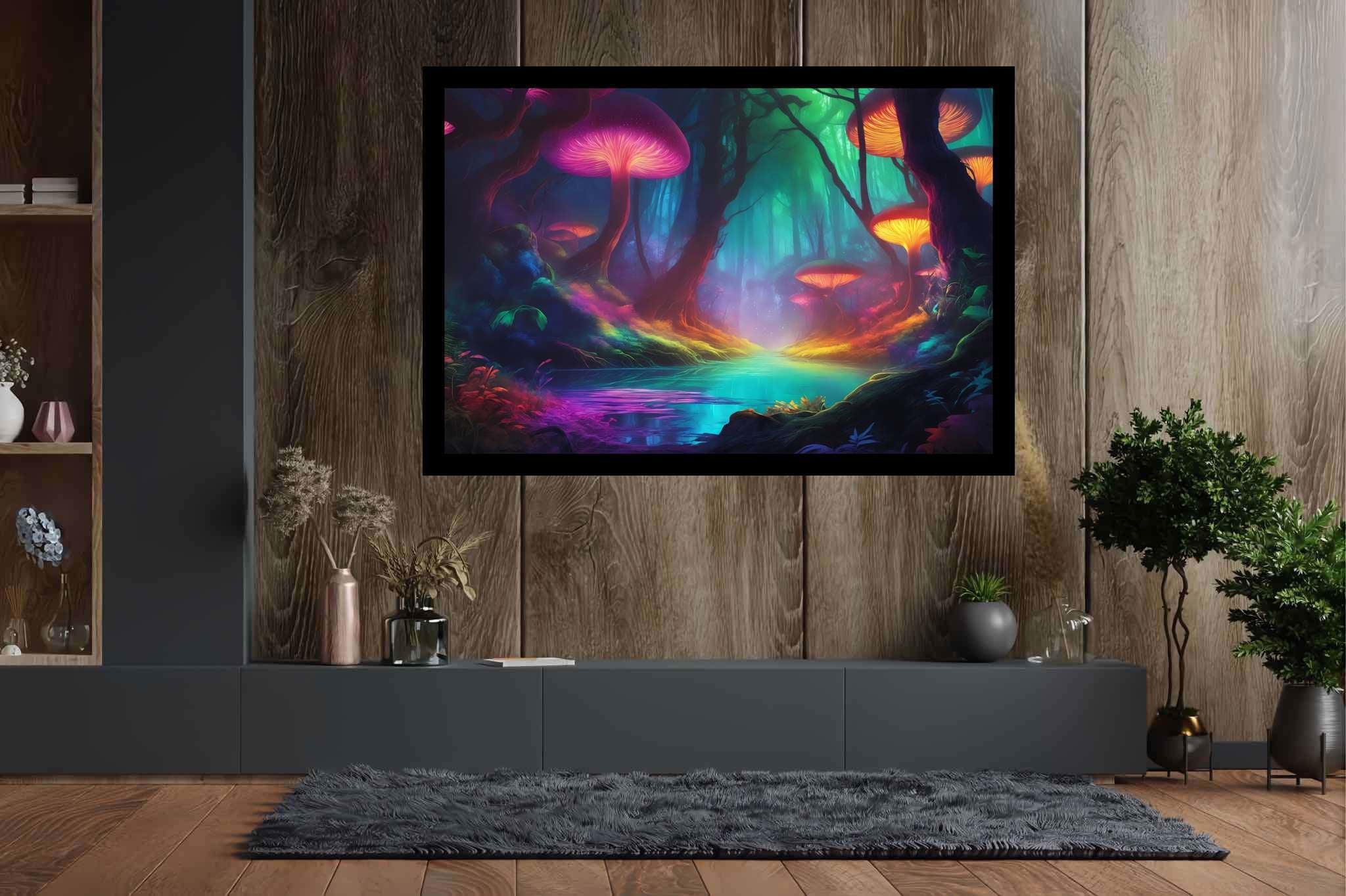 Mycelia dreamscape: Mushroom art with magical landscapes, in a room with minimalist approach, wall hangings, and interior decorations. The art can be printed on poster, framed poster, canvas, metal, acrylic or wood, exclusively at WallArtZen. Find this exact print at https://wallartzen.com/waz141