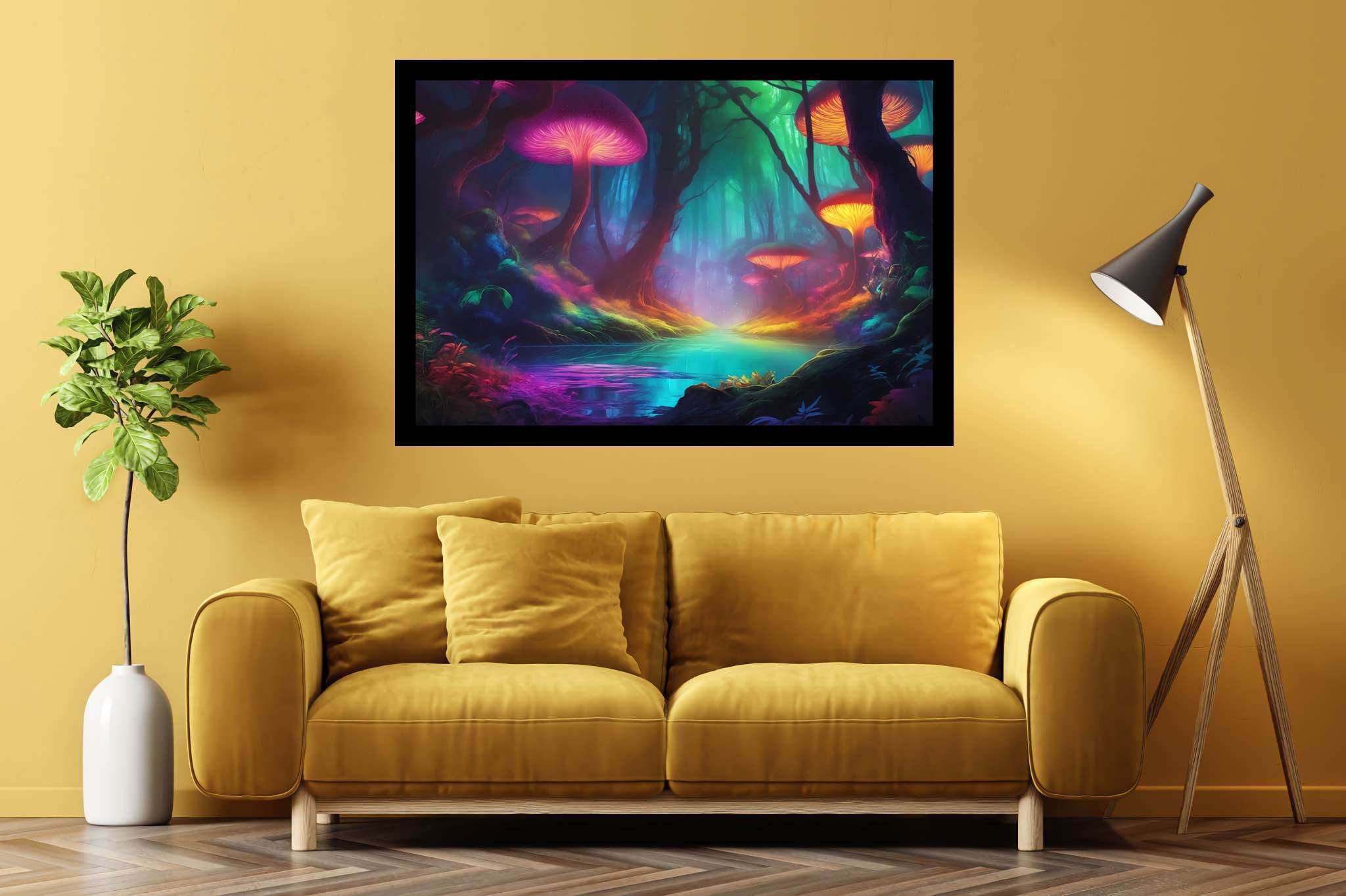 Mycelia dreamscape: Mushroom art with mushroom art, in a room with urban design, wall hangings, and luxe decor. The art can be printed on poster, framed poster, canvas, metal, acrylic or wood, exclusively at WallArtZen. Find this exact print at https://wallartzen.com/waz141