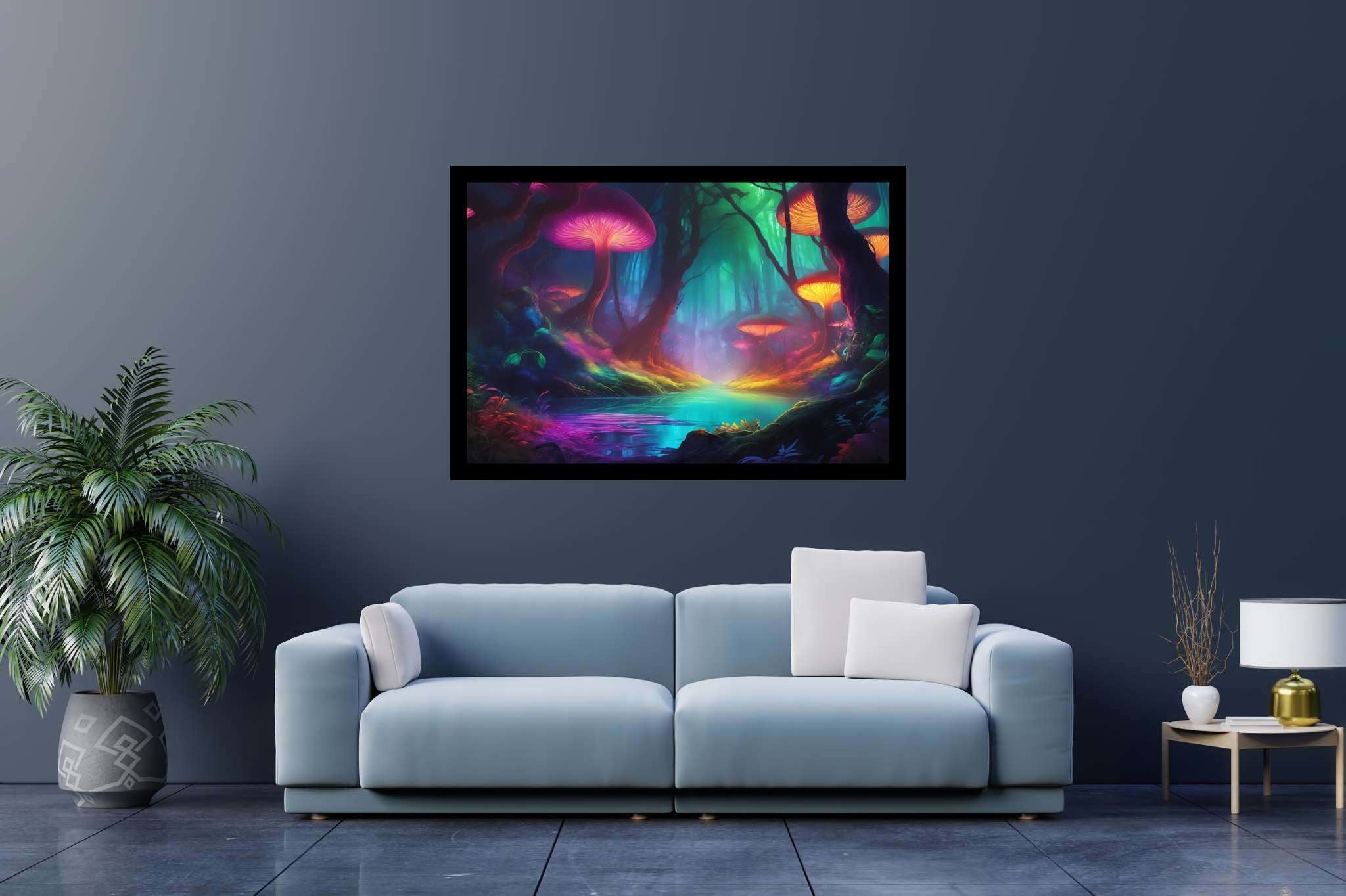 Mycelia dreamscape: Mushroom art with organic art, in a room with contemporary flair, wall art, and trendy home accents. The art can be printed on poster, framed poster, canvas, metal, acrylic or wood, exclusively at WallArtZen. Find this exact print at https://wallartzen.com/waz141
