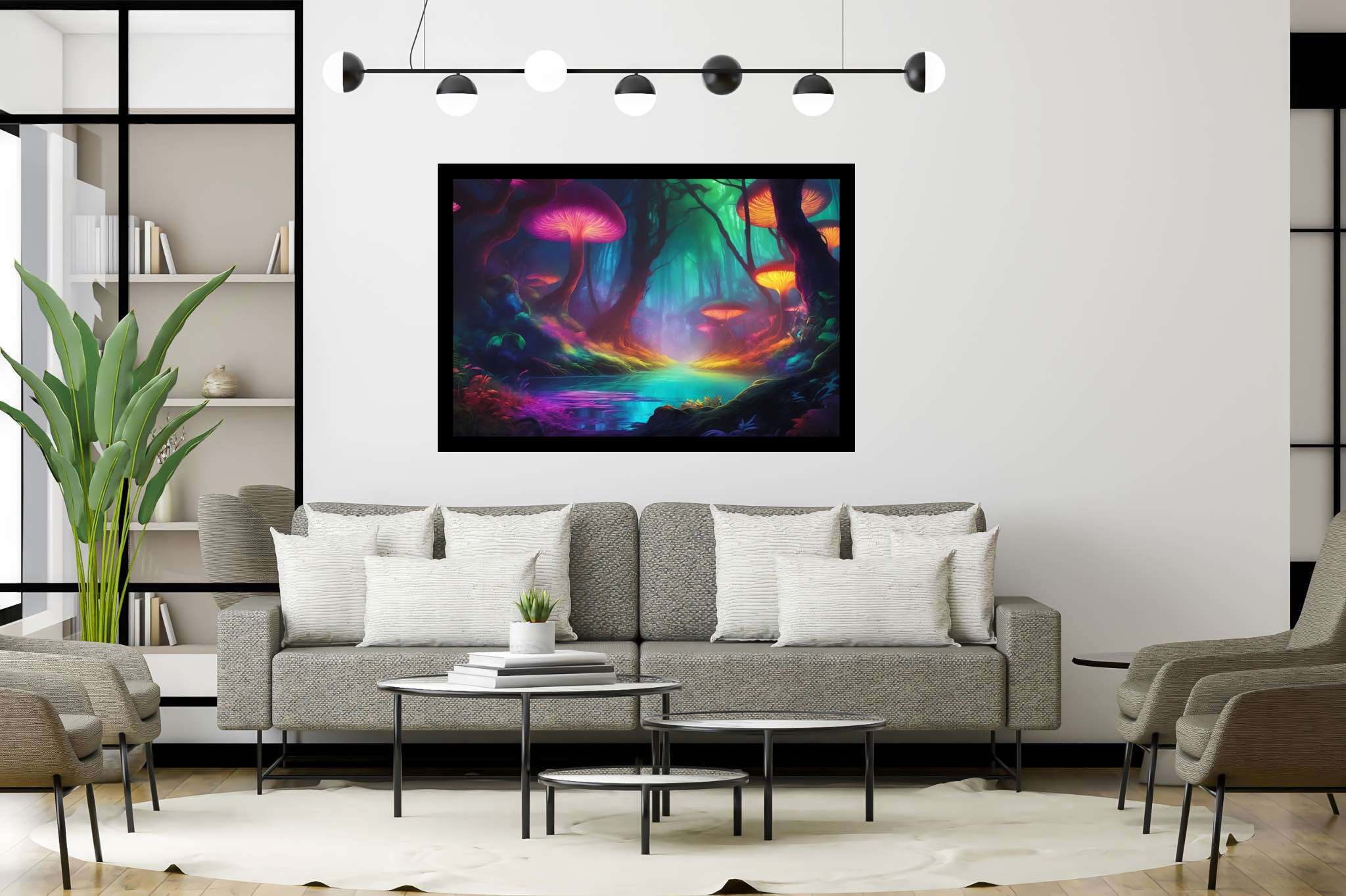 Mycelia dreamscape: Mushroom art with whimsical sculptures, in a room with chic decor, framed art, and trendy home accents. The art can be printed on poster, framed poster, canvas, metal, acrylic or wood, exclusively at WallArtZen. Find this exact print at https://wallartzen.com/waz141