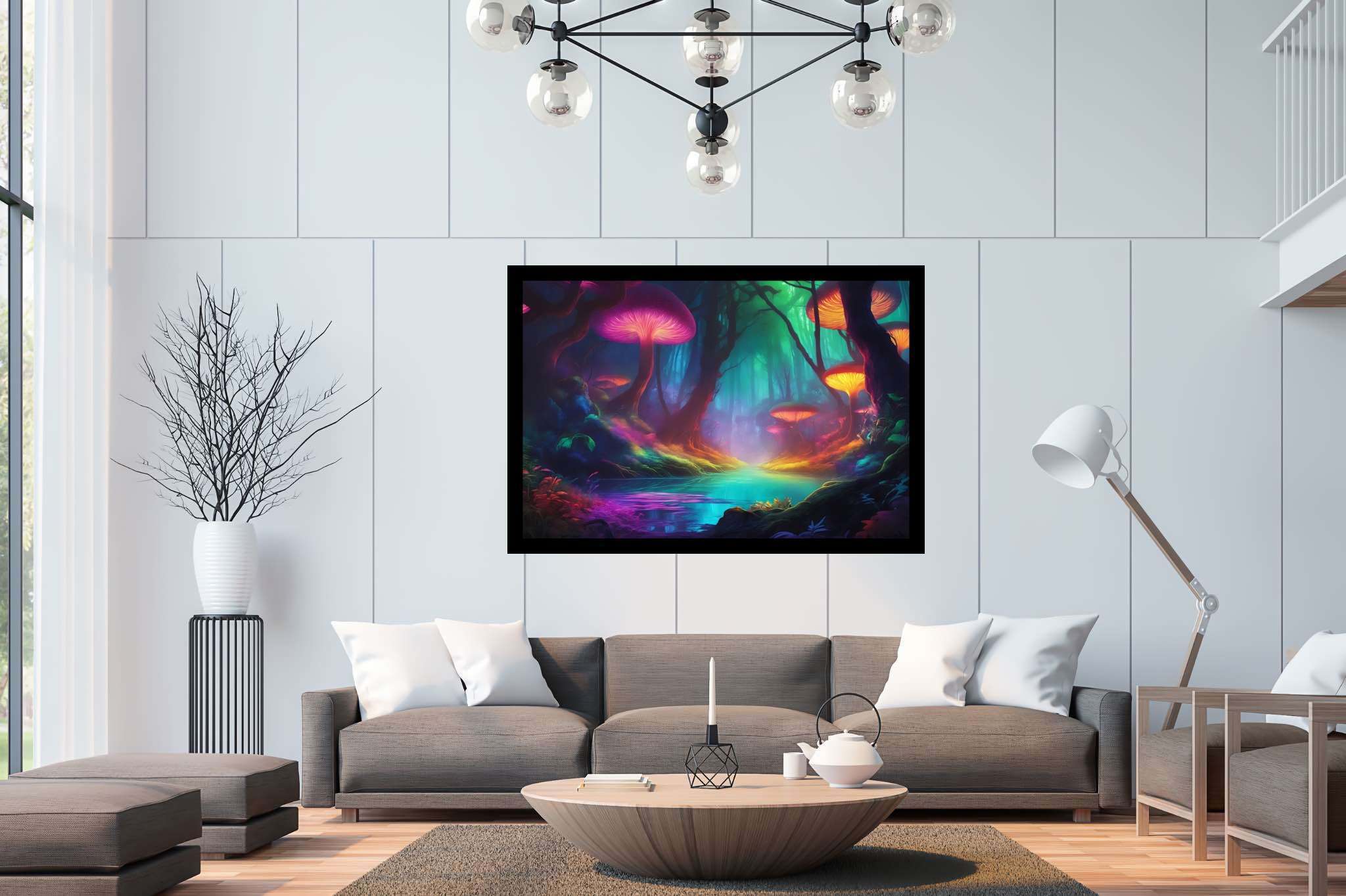 Mycelia dreamscape: Mushroom art with folk art, in a room with contemporary flair, abstract paintings, and interior decorations. The art can be printed on poster, framed poster, canvas, metal, acrylic or wood, exclusively at WallArtZen. Find this exact print at https://wallartzen.com/waz141