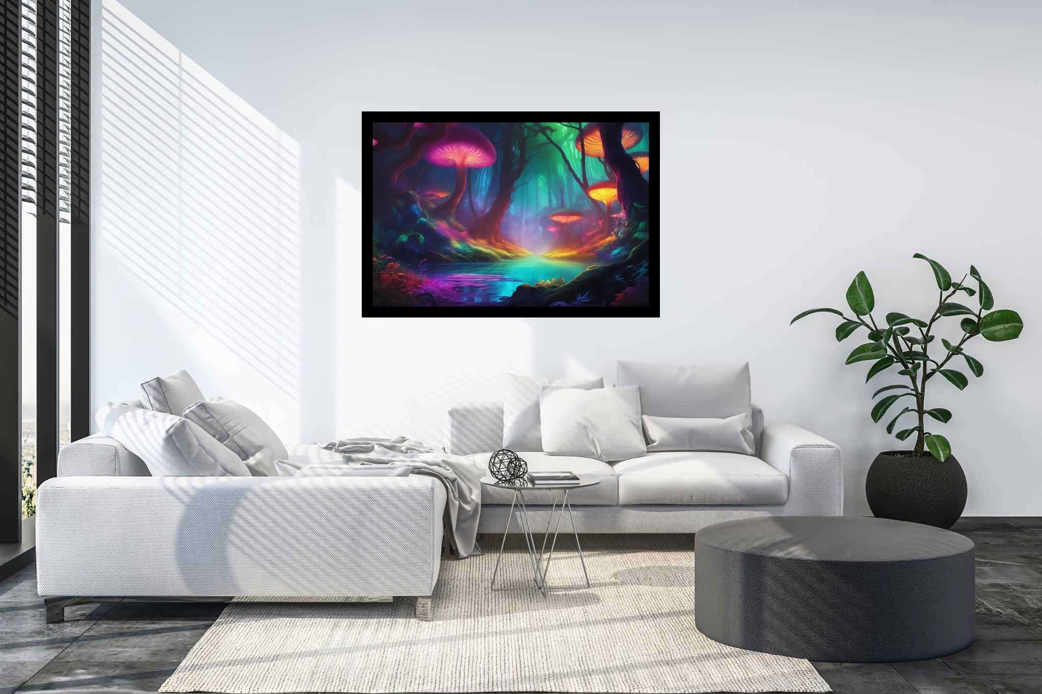 Mycelia dreamscape: Mushroom art with mycology, in a room with great design, gallery-quality artwork, and artisan decor. The art can be printed on poster, framed poster, canvas, metal, acrylic or wood, exclusively at WallArtZen. Find this exact print at https://wallartzen.com/waz141