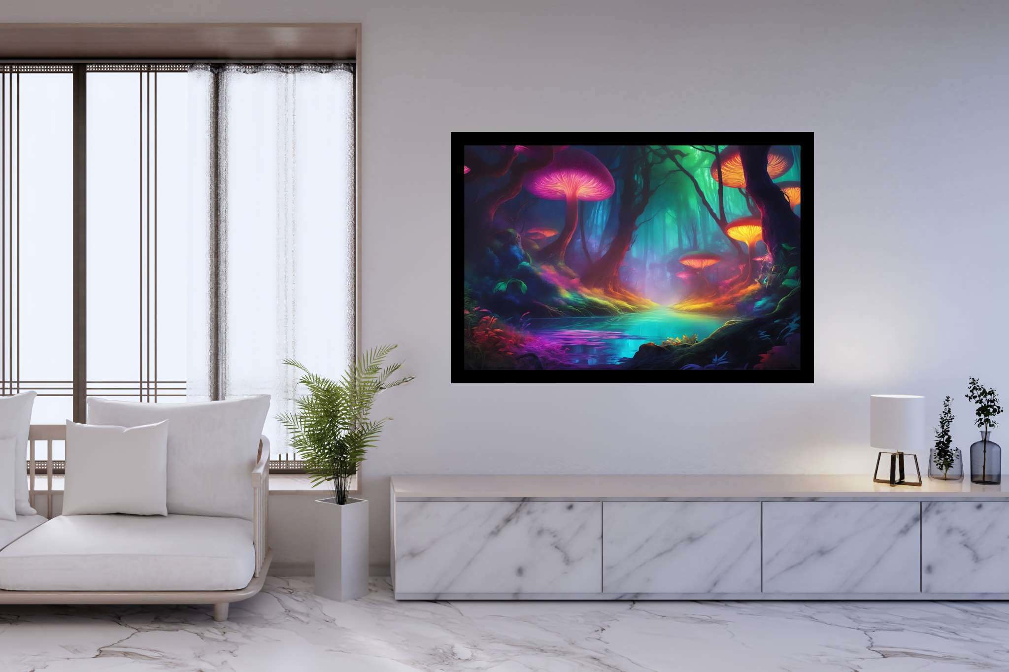 Mycelia dreamscape: Mushroom art with nature-inspired paintings, in a room with elegant layout, canvas prints, and elegant home goods. The art can be printed on poster, framed poster, canvas, metal, acrylic or wood, exclusively at WallArtZen. Find this exact print at https://wallartzen.com/waz141