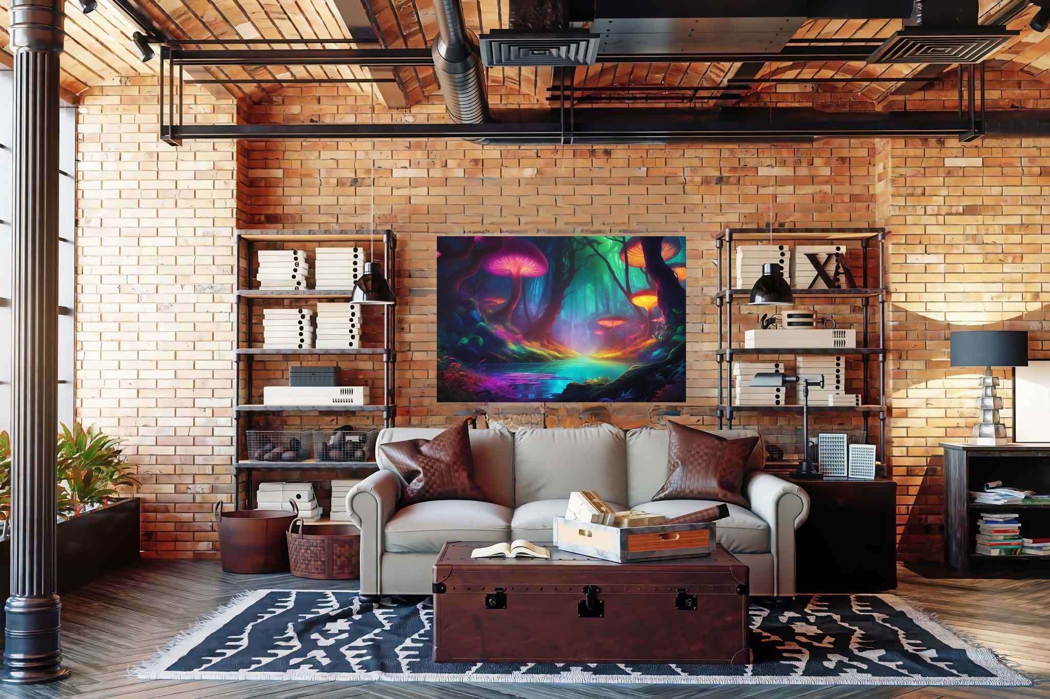 Mycelia dreamscape: Mushroom art with surrealism, in a room with chic decor, mural artworks, and designer furniture. The art can be printed on poster, framed poster, canvas, metal, acrylic or wood, exclusively at WallArtZen. Find this exact print at https://wallartzen.com/waz141