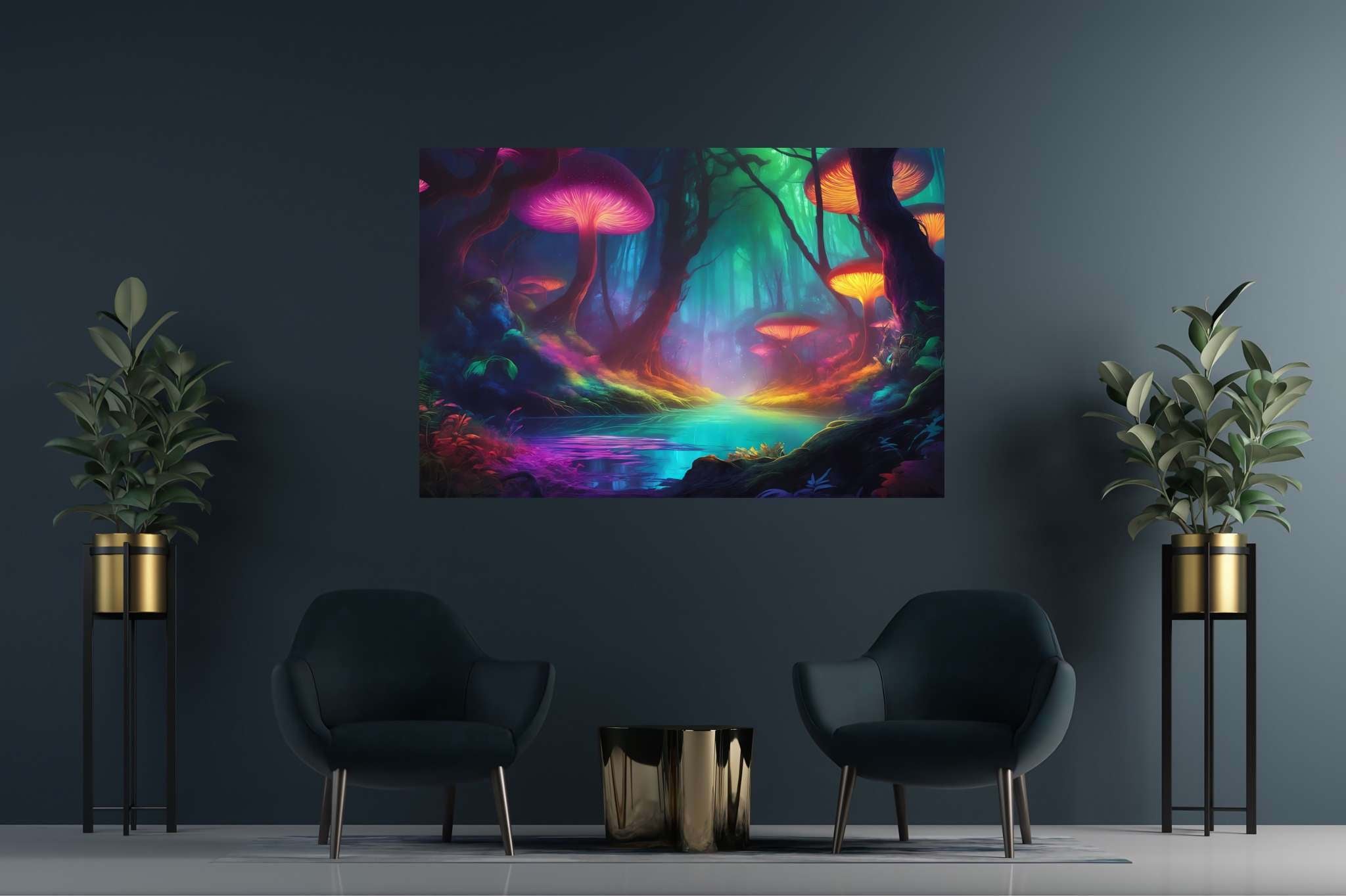 Mycelia dreamscape: Mushroom art with magical landscapes, in a room with minimalist approach, abstract paintings, and artisan decor. The art can be printed on poster, framed poster, canvas, metal, acrylic or wood, exclusively at WallArtZen. Find this exact print at https://wallartzen.com/waz141