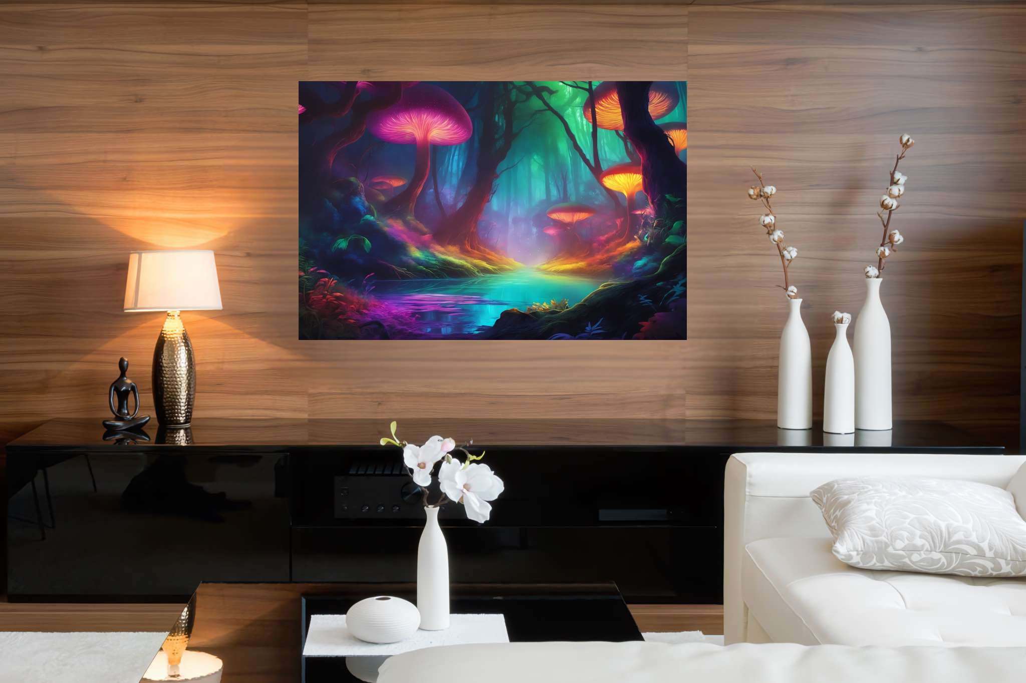 Mycelia dreamscape: Mushroom art with mycology, in a room with minimalist approach, gallery-quality artwork, and artisan decor. The art can be printed on poster, framed poster, canvas, metal, acrylic or wood, exclusively at WallArtZen. Find this exact print at https://wallartzen.com/waz141
