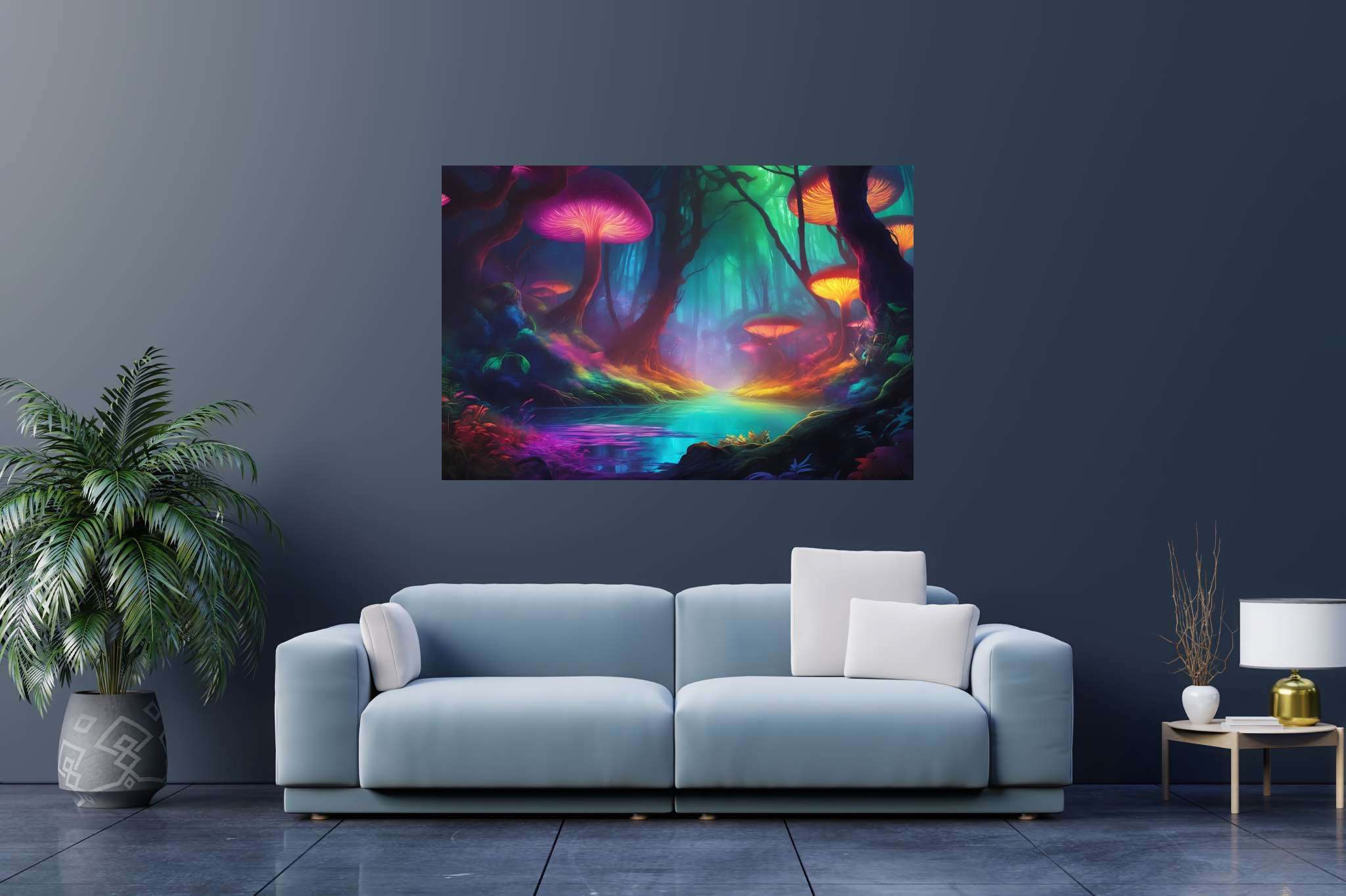 Mycelia dreamscape: Mushroom art with folk art, in a room with urban design, gallery-quality artwork, and home furnishings. The art can be printed on poster, framed poster, canvas, metal, acrylic or wood, exclusively at WallArtZen. Find this exact print at https://wallartzen.com/waz141