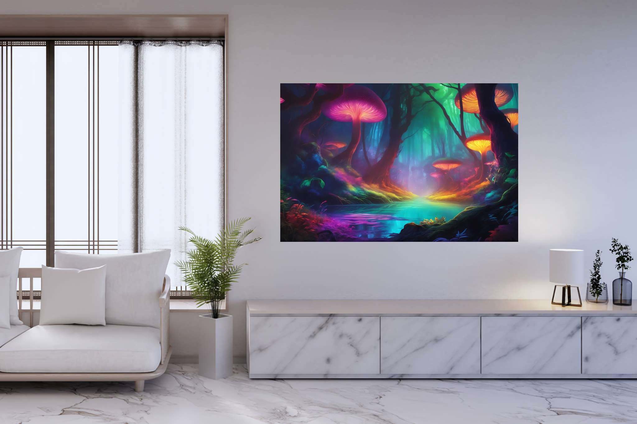 Mycelia dreamscape: Mushroom art with nature-inspired paintings, in a room with artistic style, wall art, and luxe decor. The art can be printed on poster, framed poster, canvas, metal, acrylic or wood, exclusively at WallArtZen. Find this exact print at https://wallartzen.com/waz141