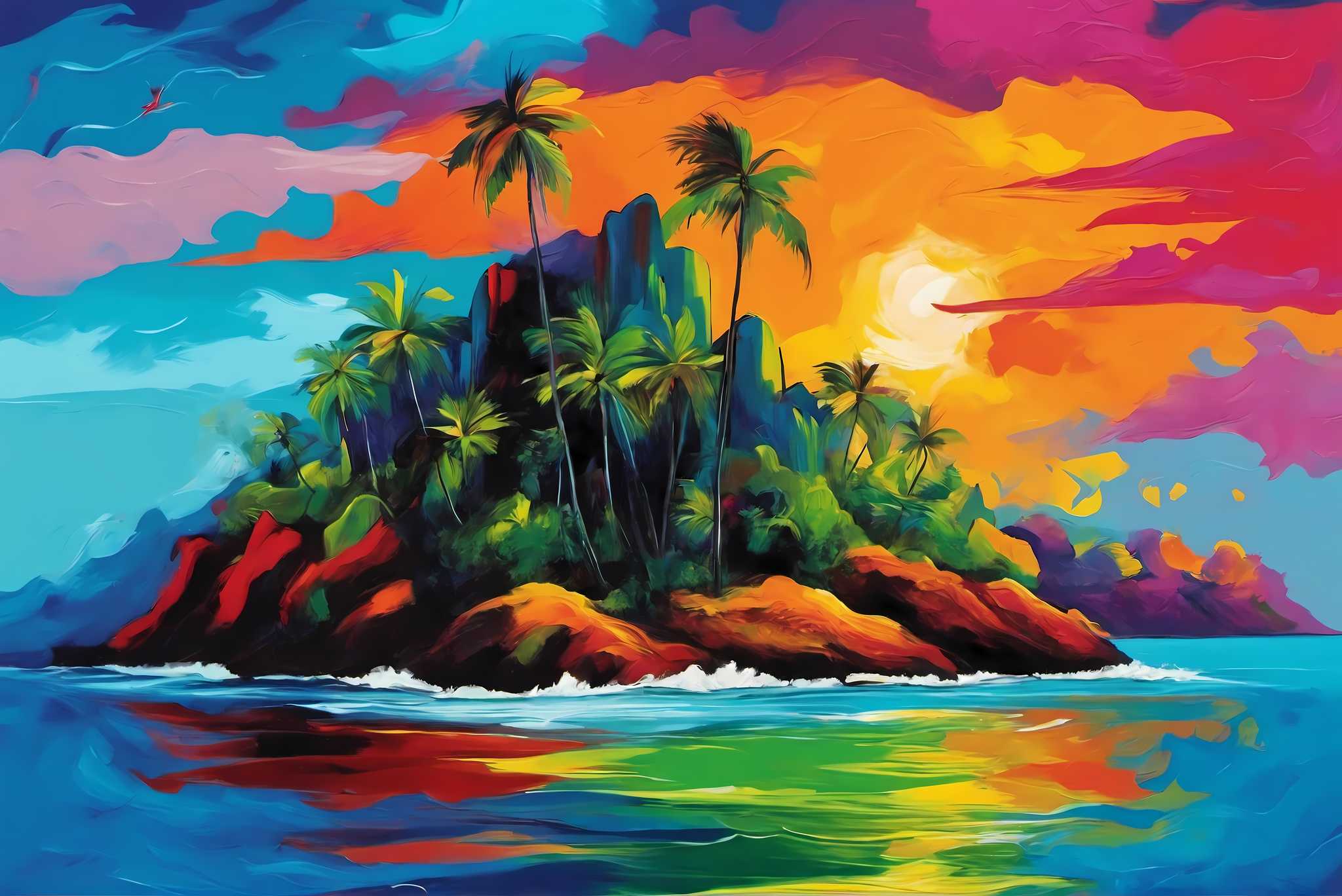 Sunset serenade in sienna: Tropical island art with island scenery, in a room with classic elegance, wall art, and decorative pieces. The art can be printed on poster, framed poster, canvas, metal, acrylic or wood, exclusively at WallArtZen. Find this exact print at https://wallartzen.com/waz142