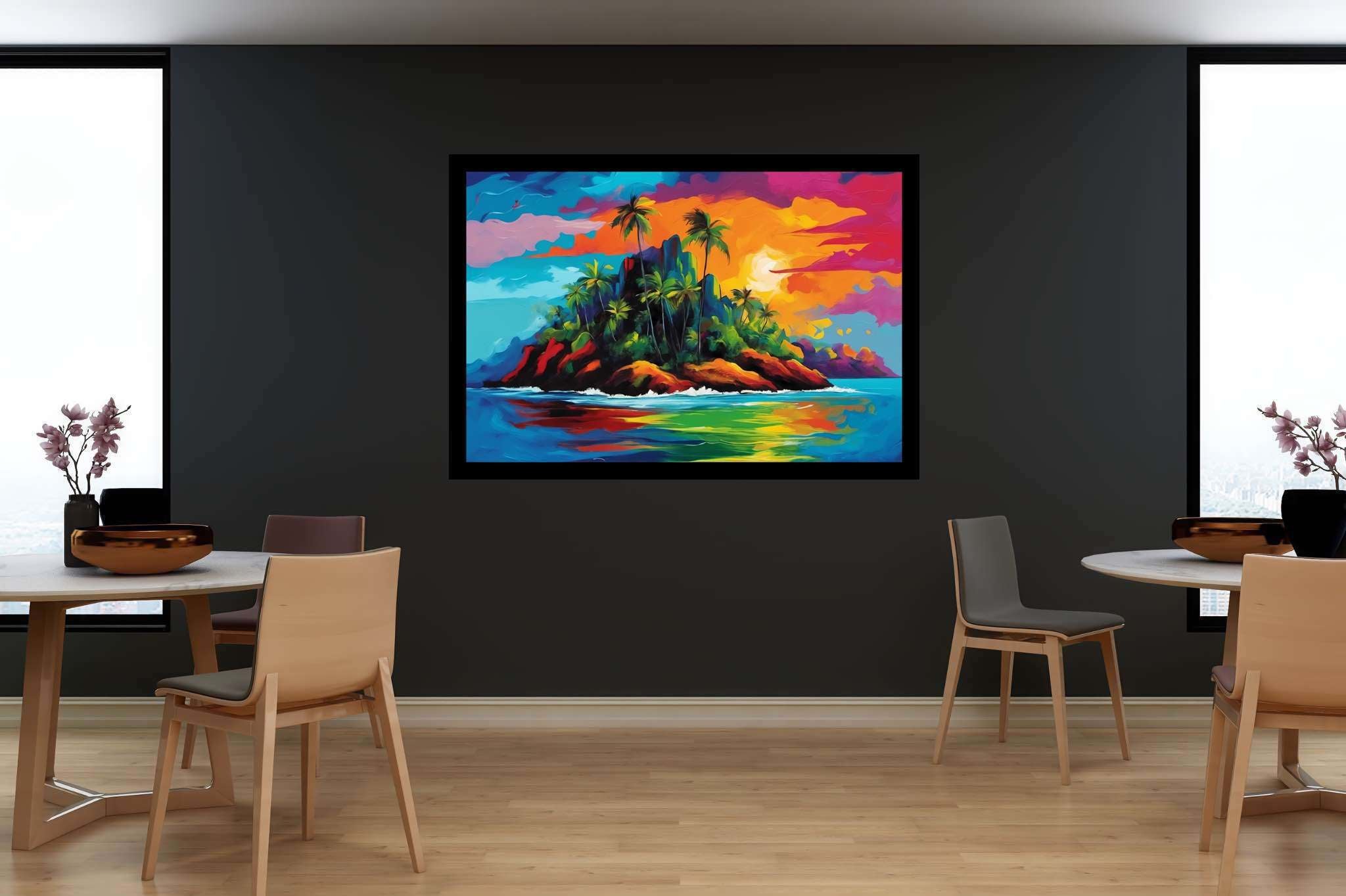 Sunset serenade in sienna: Tropical island art with beach paintings, in a room with modern style, wall hangings, and trendy home accents. The art can be printed on poster, framed poster, canvas, metal, acrylic or wood, exclusively at WallArtZen. Find this exact print at https://wallartzen.com/waz142