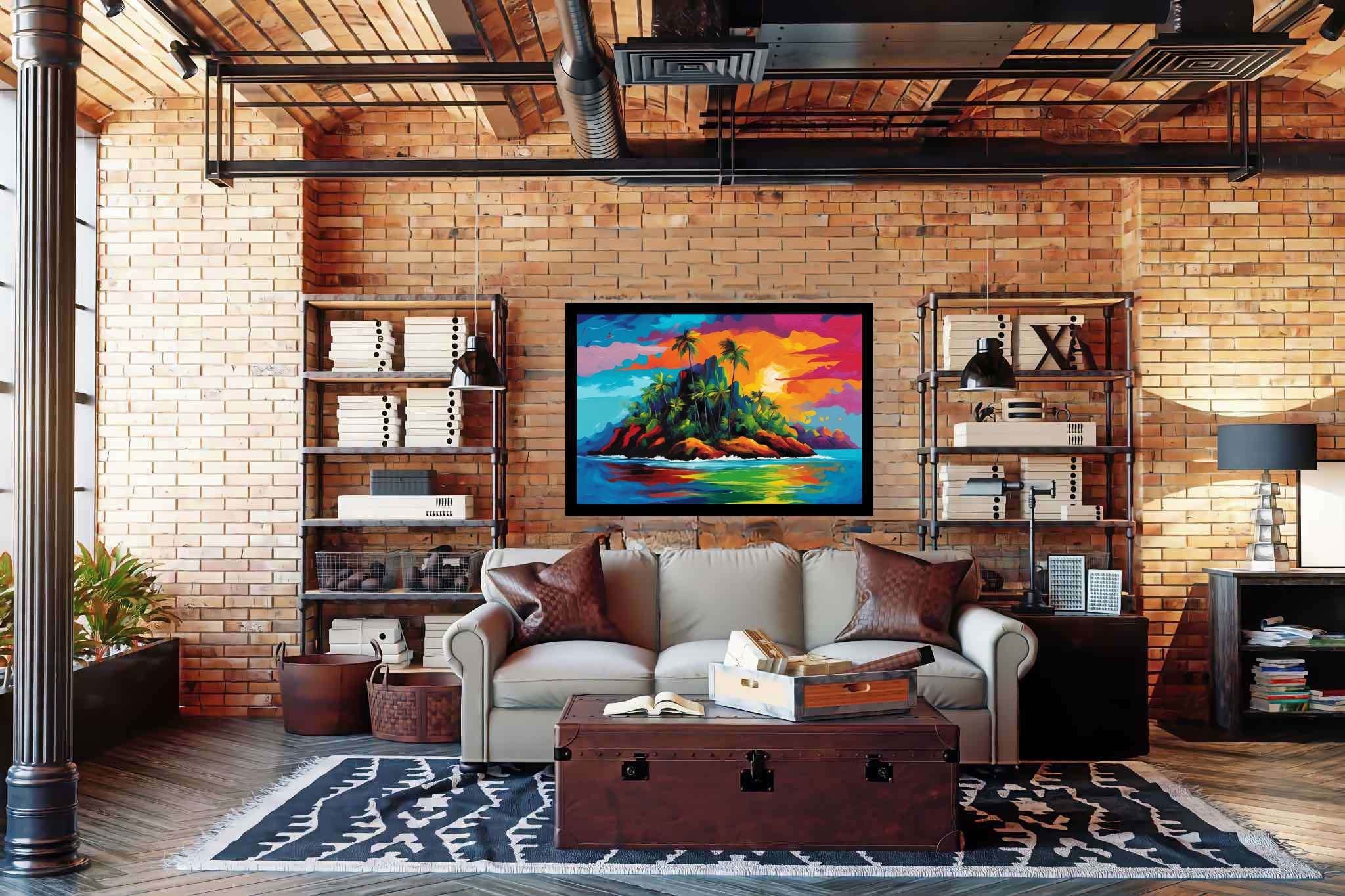 Sunset serenade in sienna: Tropical island art with exotic landscapes, in a room with urban design, fine art prints, and elegant home goods. The art can be printed on poster, framed poster, canvas, metal, acrylic or wood, exclusively at WallArtZen. Find this exact print at https://wallartzen.com/waz142