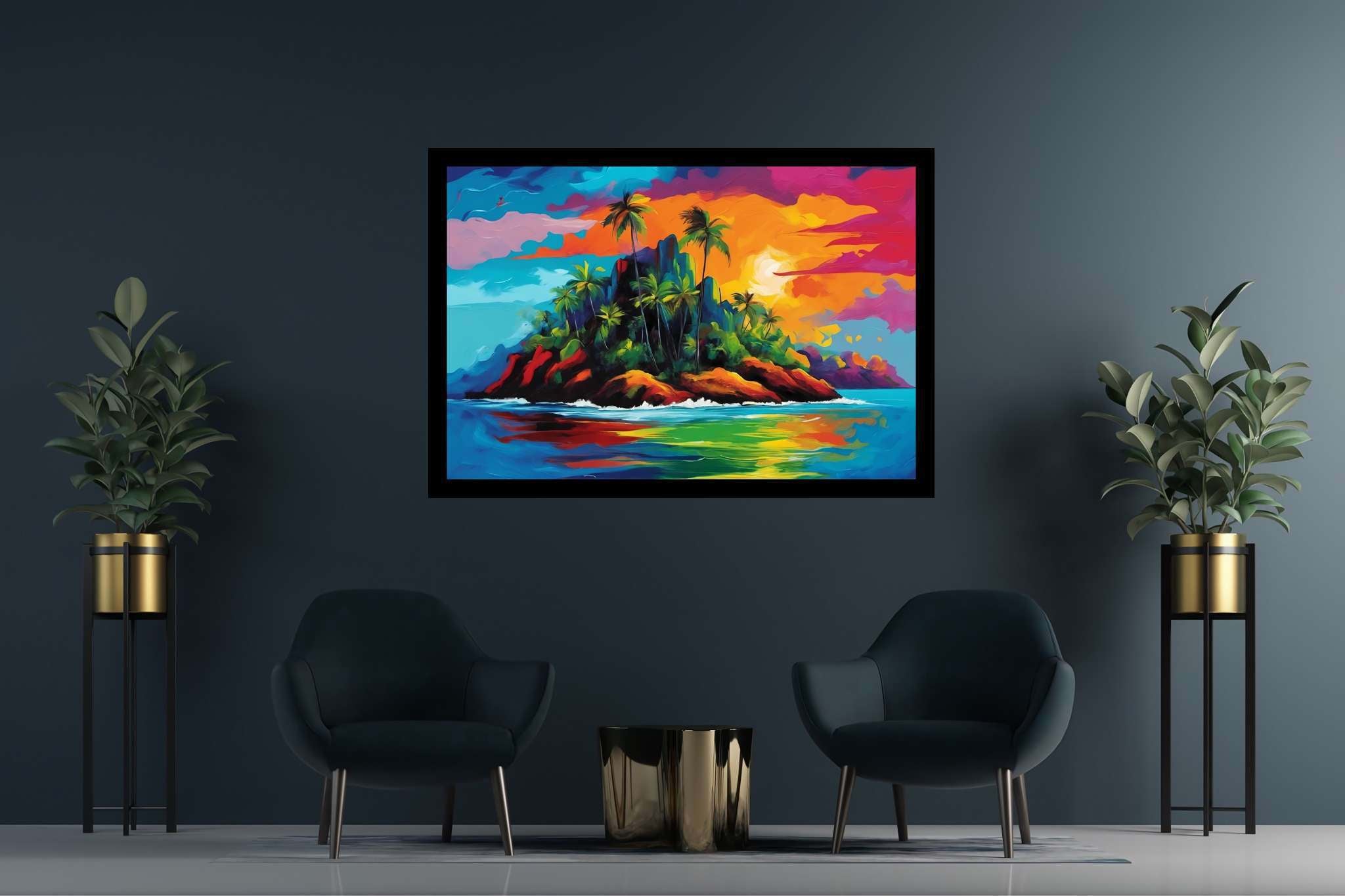 Sunset serenade in sienna: Tropical island art with tropical paradise, in a room with minimalist approach, mural artworks, and trendy home accents. The art can be printed on poster, framed poster, canvas, metal, acrylic or wood, exclusively at WallArtZen. Find this exact print at https://wallartzen.com/waz142