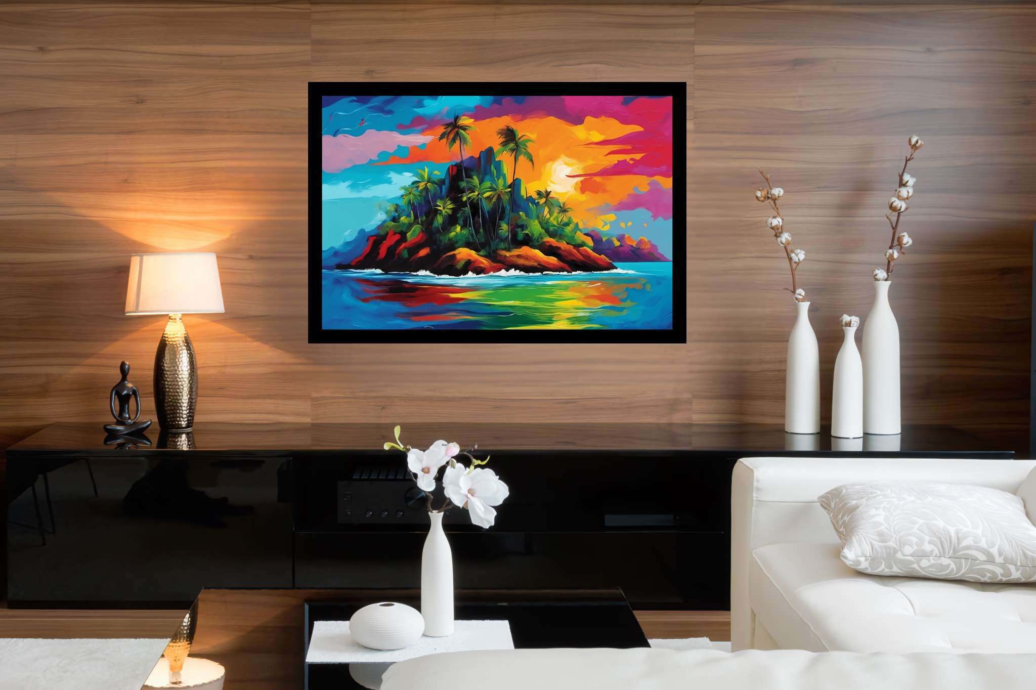 Sunset serenade in sienna: Tropical island art with ocean landscapes, in a room with contemporary flair, photographic wall art, and decorative pieces. The art can be printed on poster, framed poster, canvas, metal, acrylic or wood, exclusively at WallArtZen. Find this exact print at https://wallartzen.com/waz142