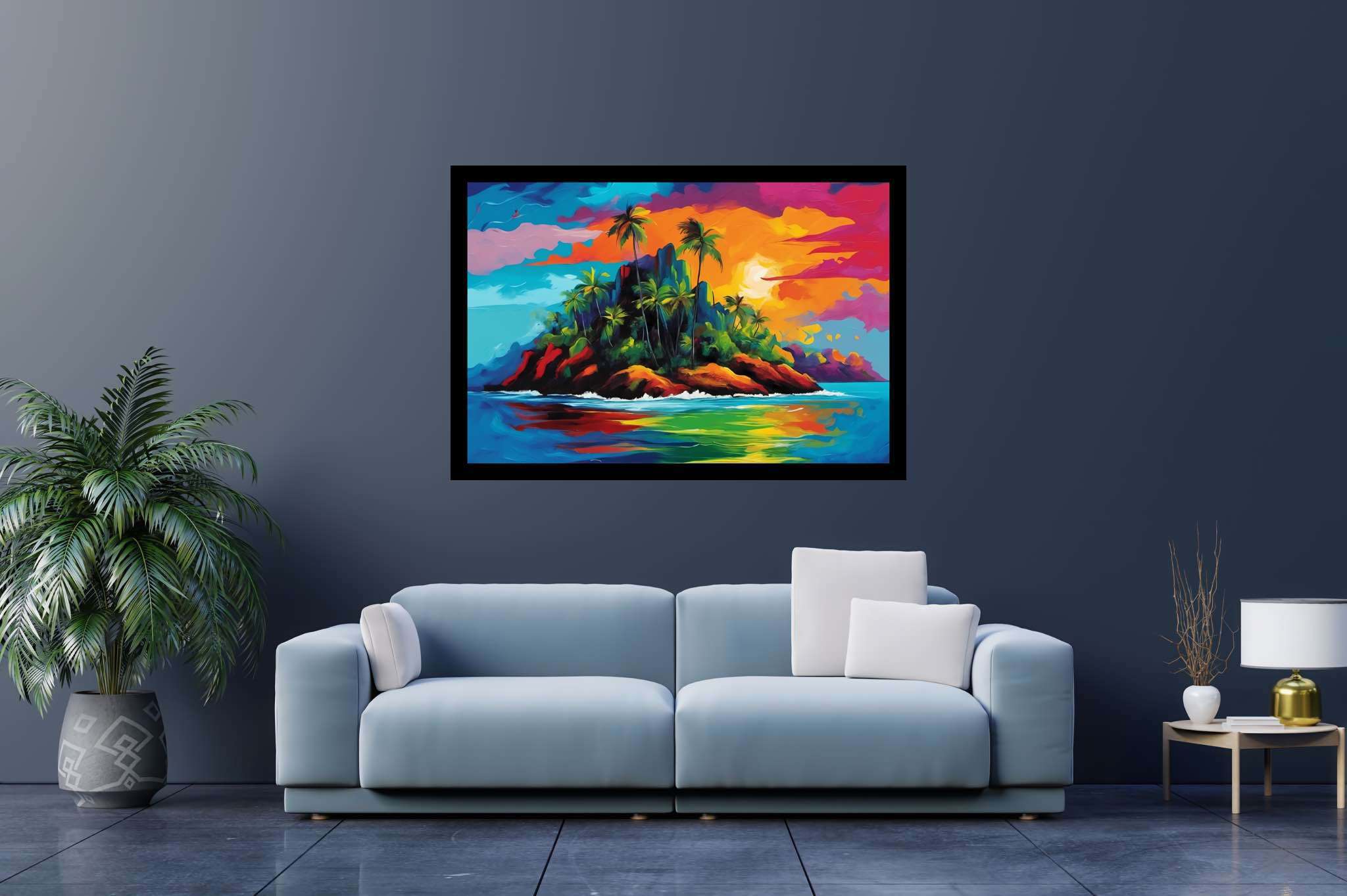 Sunset serenade in sienna: Tropical island art with tropical paradise, in a room with classic elegance, wall art, and elegant home goods. The art can be printed on poster, framed poster, canvas, metal, acrylic or wood, exclusively at WallArtZen. Find this exact print at https://wallartzen.com/waz142