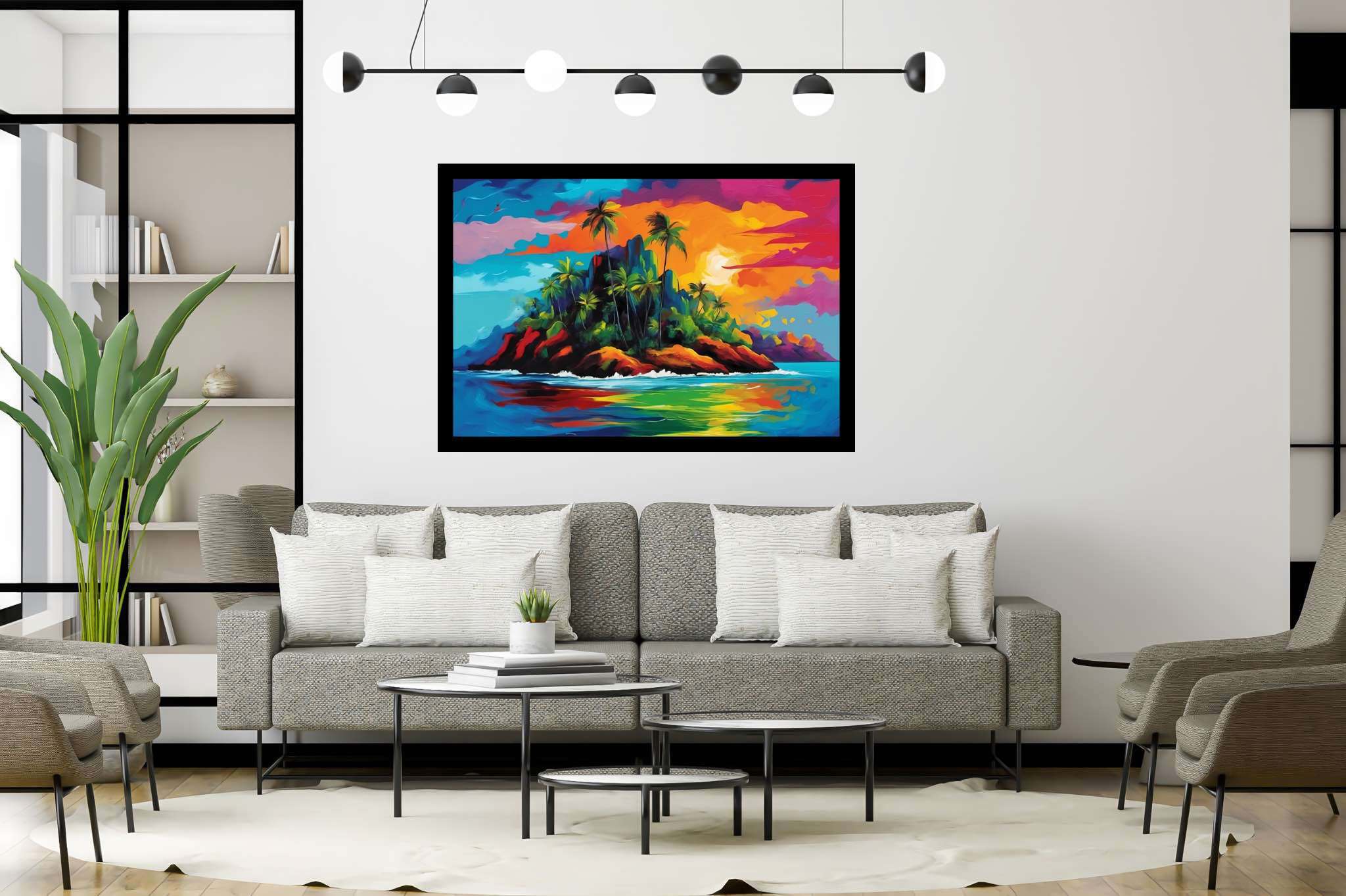 Sunset serenade in sienna: Tropical island art with beach paintings, in a room with minimalist approach, photographic wall art, and interior decorations. The art can be printed on poster, framed poster, canvas, metal, acrylic or wood, exclusively at WallArtZen. Find this exact print at https://wallartzen.com/waz142