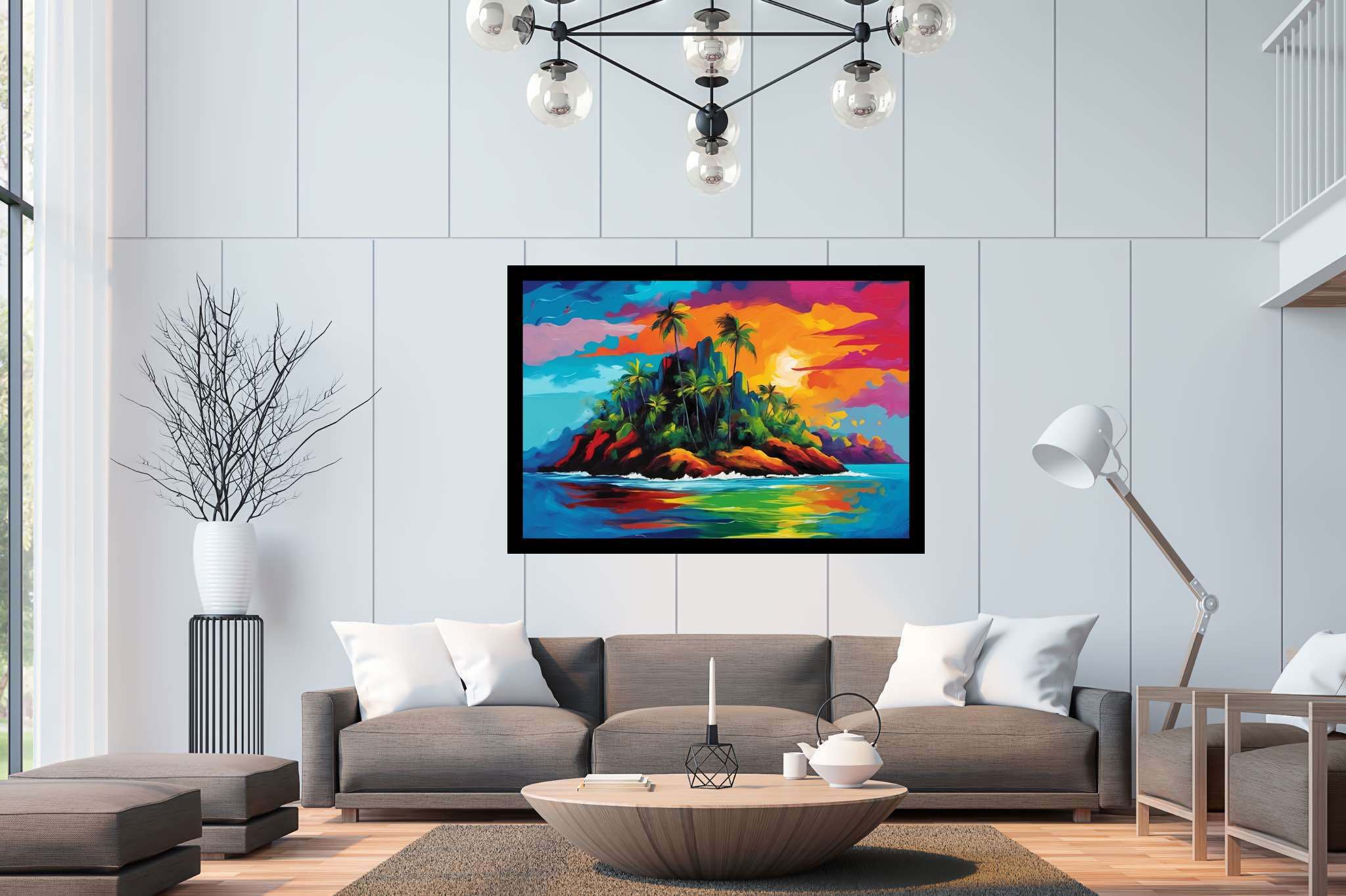 Sunset serenade in sienna: Tropical island art with tropical island art, in a room with minimalist approach, canvas prints, and luxe decor. The art can be printed on poster, framed poster, canvas, metal, acrylic or wood, exclusively at WallArtZen. Find this exact print at https://wallartzen.com/waz142