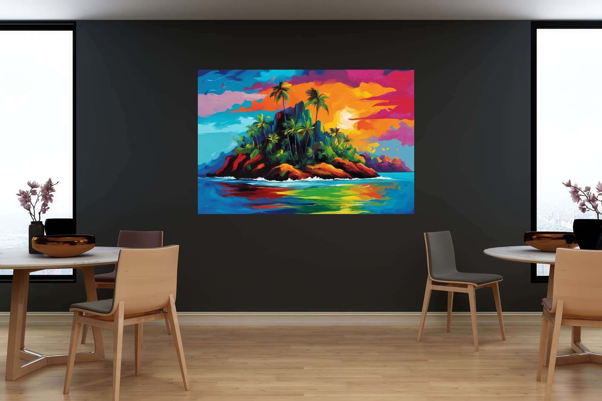 Sunset serenade in sienna: Tropical island art with island scenery, in a room with classic elegance, photographic wall art, and artisan decor. The art can be printed on poster, framed poster, canvas, metal, acrylic or wood, exclusively at WallArtZen. Find this exact print at https://wallartzen.com/waz142