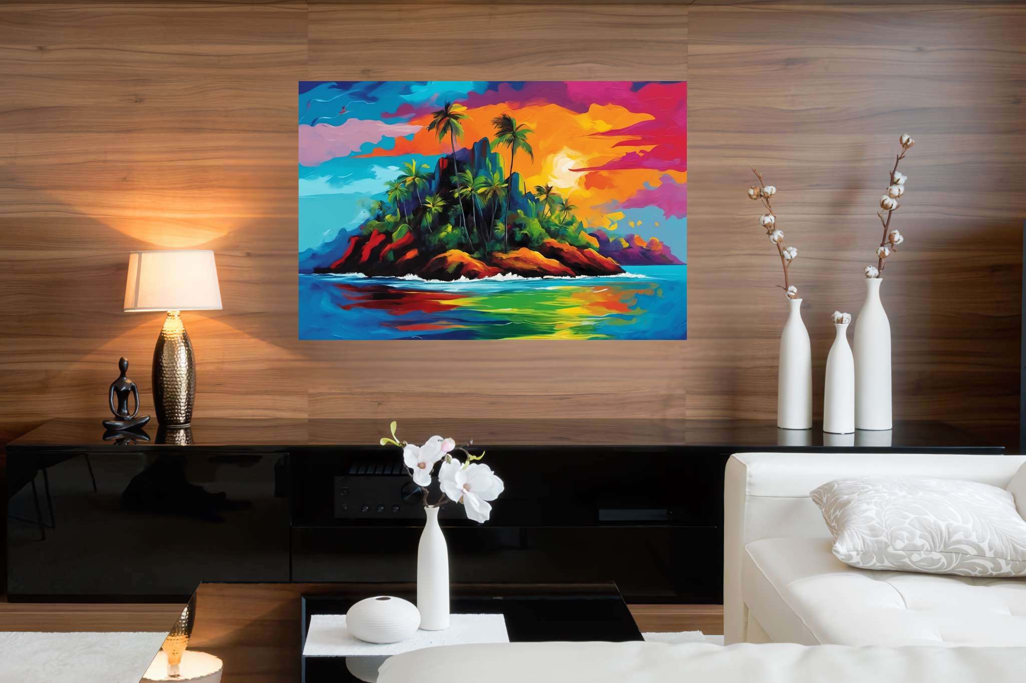 Sunset serenade in sienna: Tropical island art with beach paintings, in a room with urban design, fine art prints, and artisan decor. The art can be printed on poster, framed poster, canvas, metal, acrylic or wood, exclusively at WallArtZen. Find this exact print at https://wallartzen.com/waz142