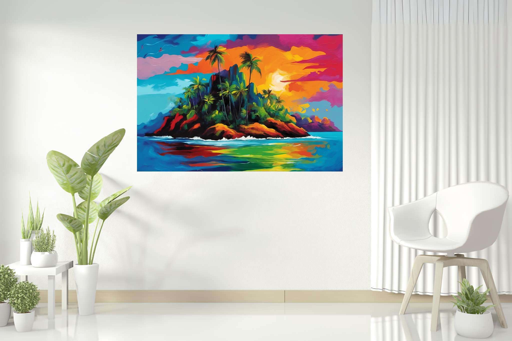 Sunset serenade in sienna: Tropical island art with island vibes, in a room with chic decor, digital art pieces, and interior decorations. The art can be printed on poster, framed poster, canvas, metal, acrylic or wood, exclusively at WallArtZen. Find this exact print at https://wallartzen.com/waz142