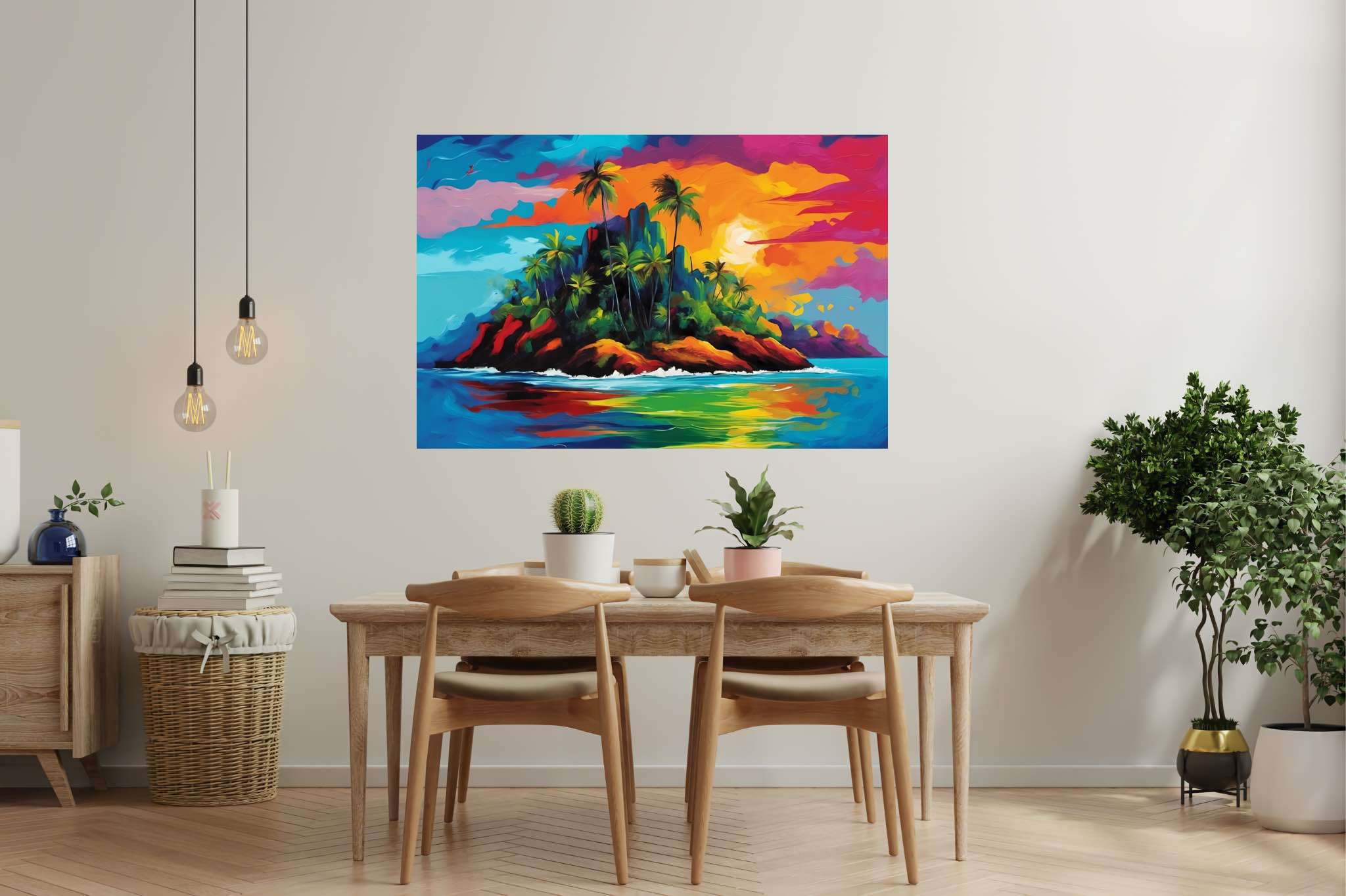 Sunset serenade in sienna: Tropical island art with coastal art, in a room with artistic style, bespoke art designs, and stylish accessories. The art can be printed on poster, framed poster, canvas, metal, acrylic or wood, exclusively at WallArtZen. Find this exact print at https://wallartzen.com/waz142
