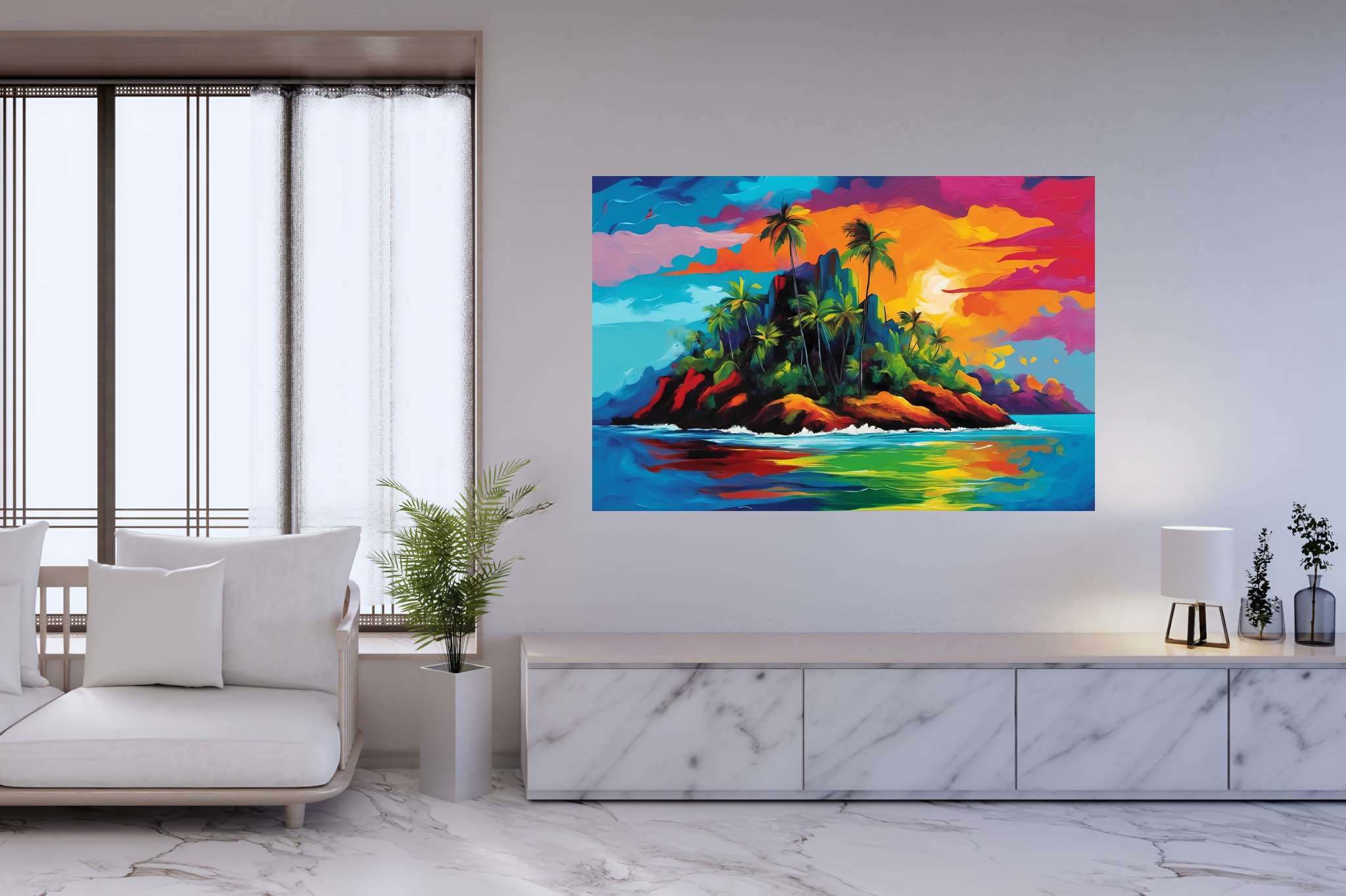 Sunset serenade in sienna: Tropical island art with tropical prints, in a room with contemporary flair, abstract paintings, and home furnishings. The art can be printed on poster, framed poster, canvas, metal, acrylic or wood, exclusively at WallArtZen. Find this exact print at https://wallartzen.com/waz142