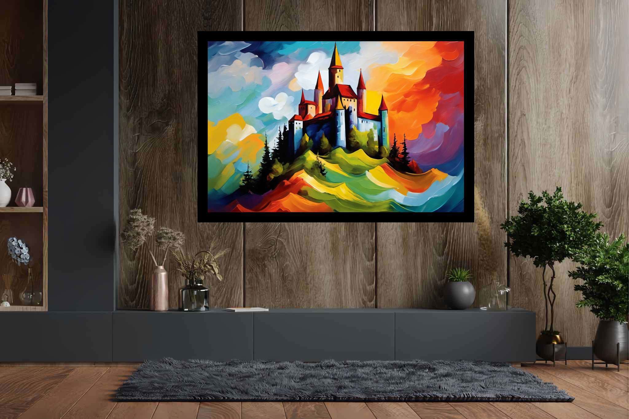Dreamscape keep: Castle art with whimsical castle, in a room with artistic style, canvas prints, and home furnishings. The art can be printed on poster, framed poster, canvas, metal, acrylic or wood, exclusively at WallArtZen. Find this exact print at https://wallartzen.com/waz144