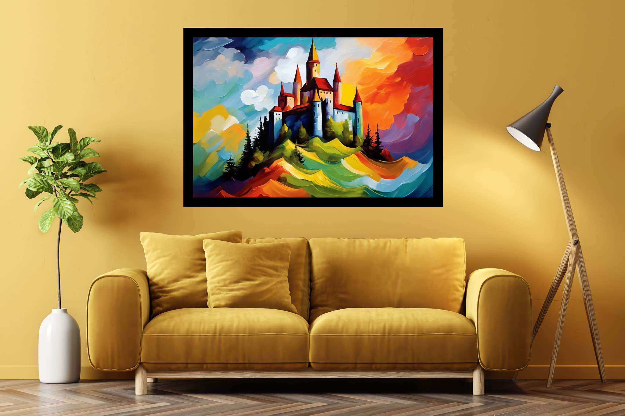 Dreamscape keep: Castle art with fantasy artwork, in a room with artistic style, gallery-quality artwork, and designer furniture. The art can be printed on poster, framed poster, canvas, metal, acrylic or wood, exclusively at WallArtZen. Find this exact print at https://wallartzen.com/waz144