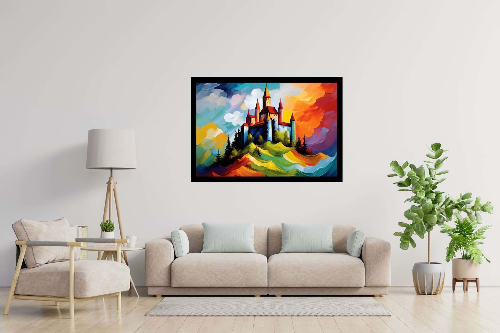 Dreamscape keep: Castle art with fantasy artwork, in a room with great design, mural artworks, and stylish accessories. The art can be printed on poster, framed poster, canvas, metal, acrylic or wood, exclusively at WallArtZen. Find this exact print at https://wallartzen.com/waz144