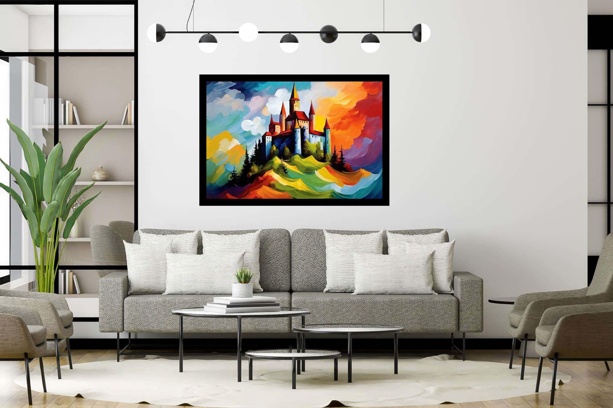 Dreamscape keep: Castle art with castle art, in a room with chic decor, fine art prints, and designer furniture. The art can be printed on poster, framed poster, canvas, metal, acrylic or wood, exclusively at WallArtZen. Find this exact print at https://wallartzen.com/waz144