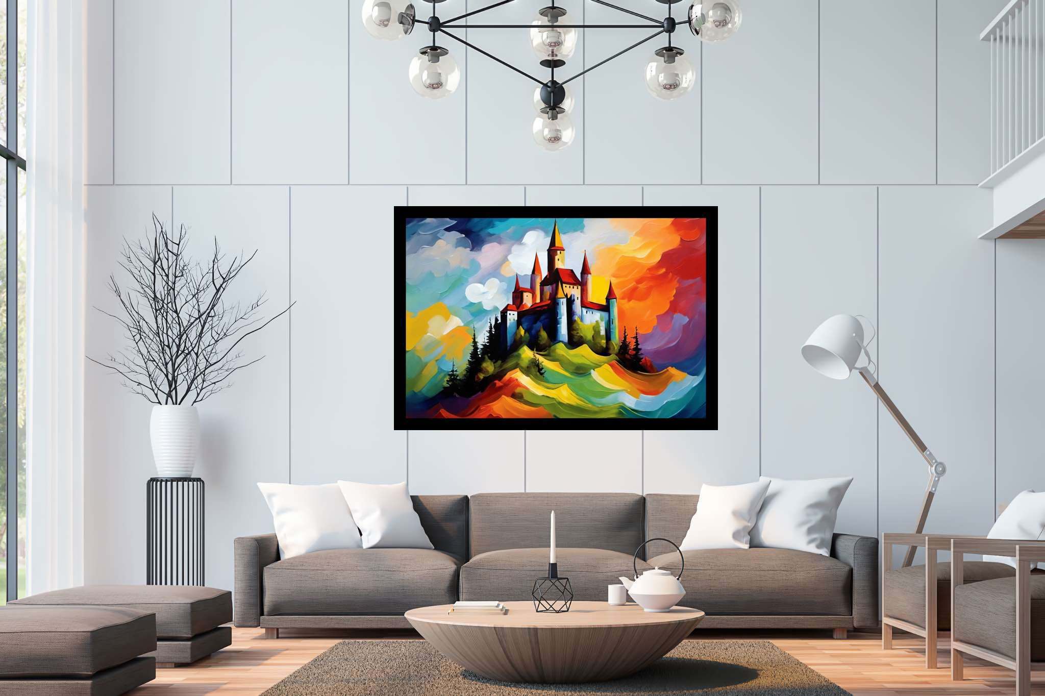 Dreamscape keep: Castle art with castle art, in a room with elegant layout, mural artworks, and designer furniture. The art can be printed on poster, framed poster, canvas, metal, acrylic or wood, exclusively at WallArtZen. Find this exact print at https://wallartzen.com/waz144