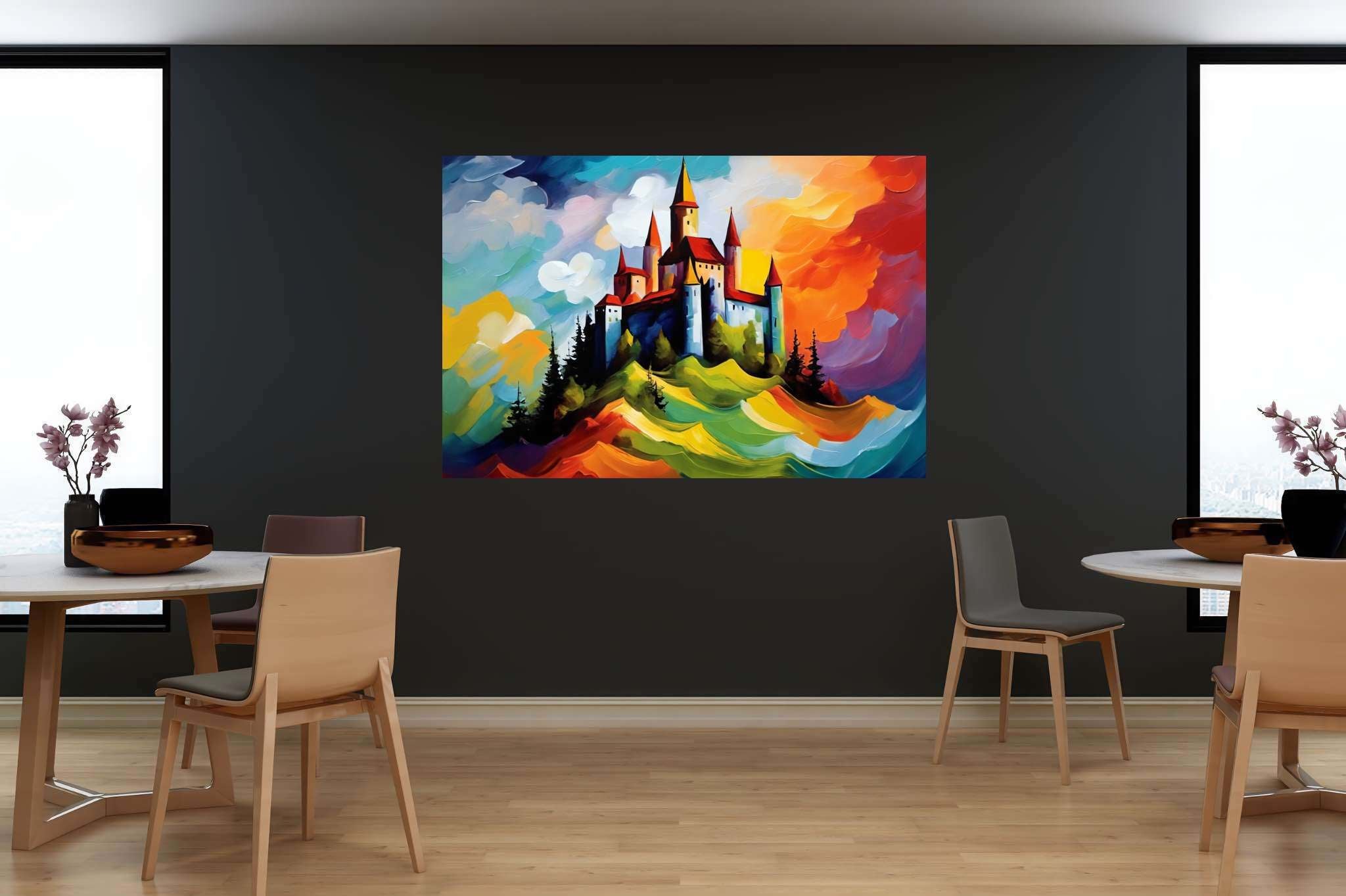 Dreamscape keep: Castle art with medieval fortress, in a room with elegant layout, digital art pieces, and home furnishings. The art can be printed on poster, framed poster, canvas, metal, acrylic or wood, exclusively at WallArtZen. Find this exact print at https://wallartzen.com/waz144