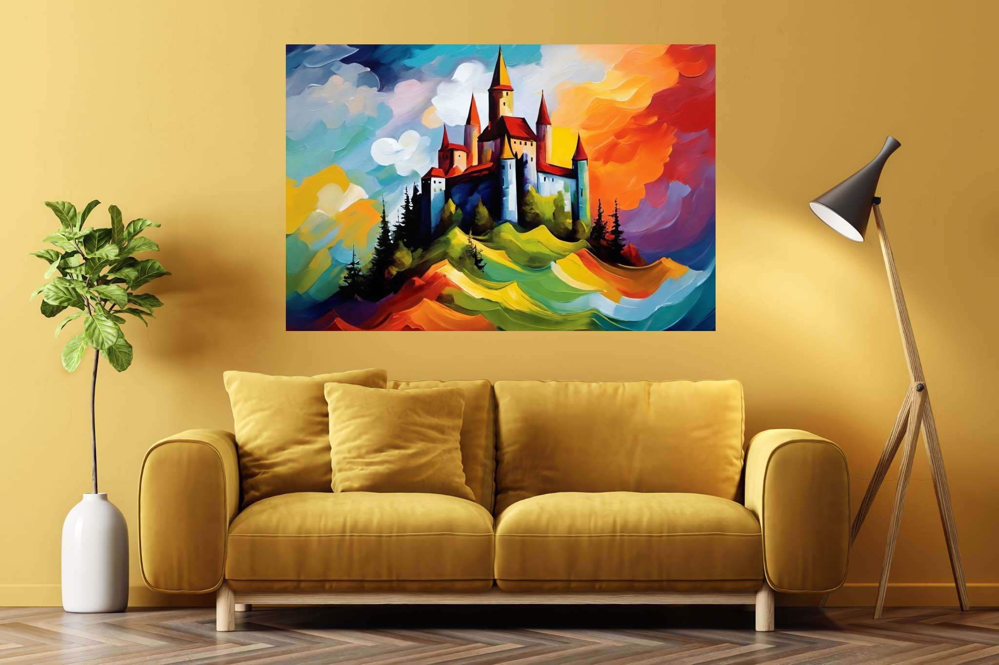 Dreamscape keep: Castle art with whimsical castle, in a room with urban design, wall art, and elegant home goods. The art can be printed on poster, framed poster, canvas, metal, acrylic or wood, exclusively at WallArtZen. Find this exact print at https://wallartzen.com/waz144