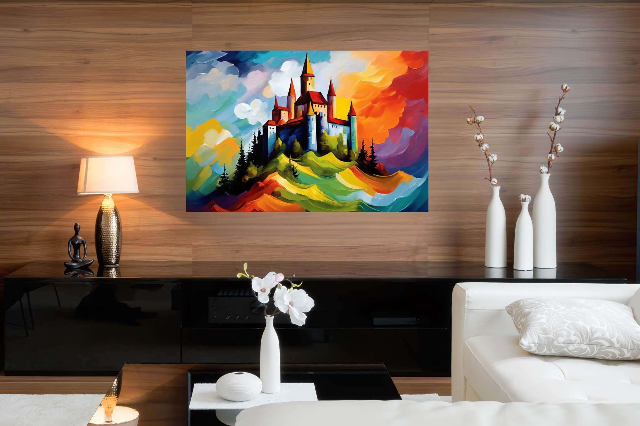 Dreamscape keep: Castle art with enchanted castle, in a room with minimalist approach, mural artworks, and interior decorations. The art can be printed on poster, framed poster, canvas, metal, acrylic or wood, exclusively at WallArtZen. Find this exact print at https://wallartzen.com/waz144