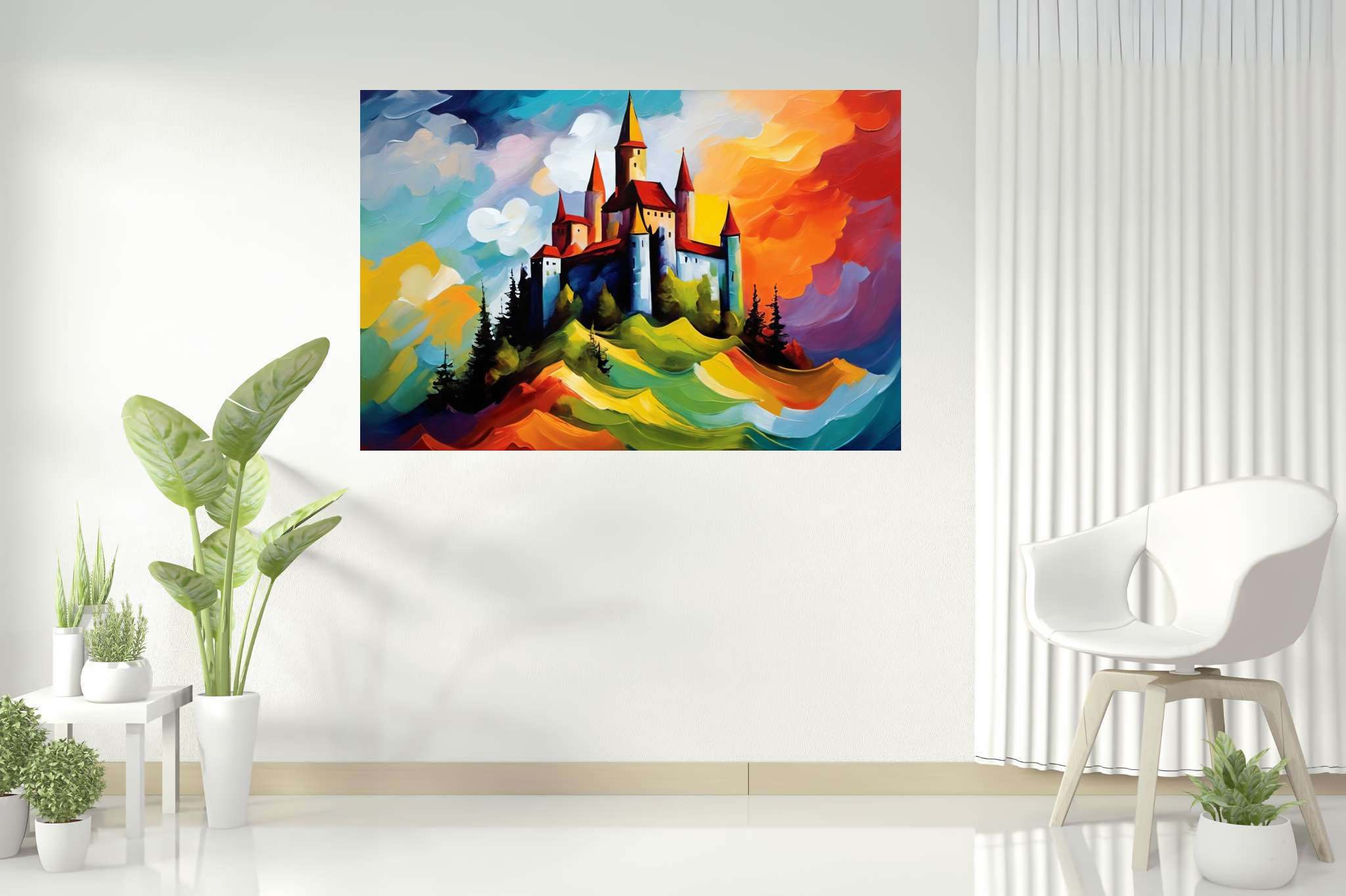 Dreamscape keep: Castle art with fortress design, in a room with artistic style, wall art, and home furnishings. The art can be printed on poster, framed poster, canvas, metal, acrylic or wood, exclusively at WallArtZen. Find this exact print at https://wallartzen.com/waz144