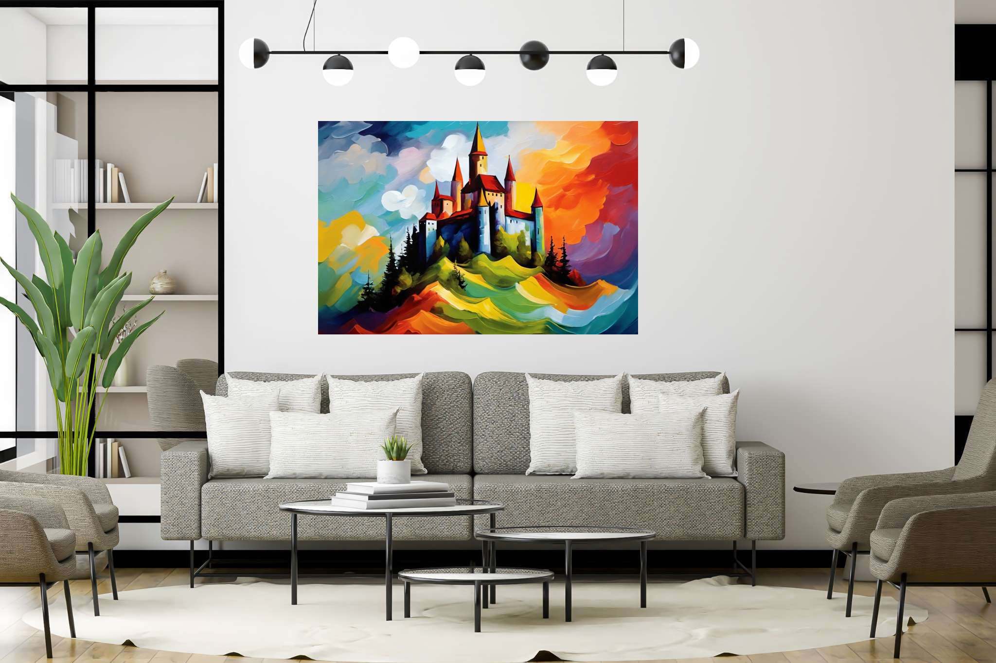 Dreamscape keep: Castle art with architectural illustration, in a room with urban design, framed art, and artisan decor. The art can be printed on poster, framed poster, canvas, metal, acrylic or wood, exclusively at WallArtZen. Find this exact print at https://wallartzen.com/waz144