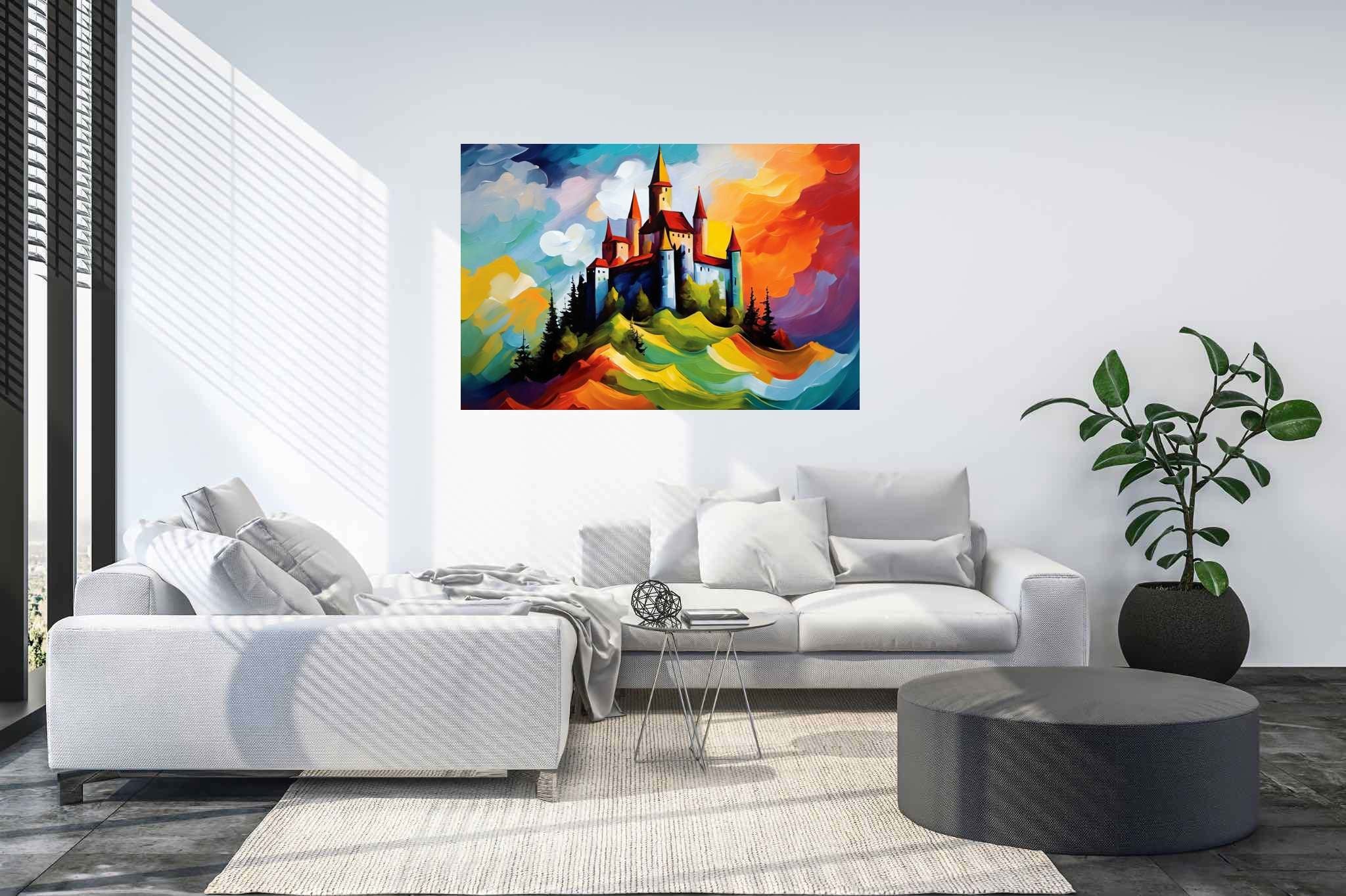Dreamscape keep: Castle art with kingdom-inspired art, in a room with contemporary flair, mural artworks, and trendy home accents. The art can be printed on poster, framed poster, canvas, metal, acrylic or wood, exclusively at WallArtZen. Find this exact print at https://wallartzen.com/waz144