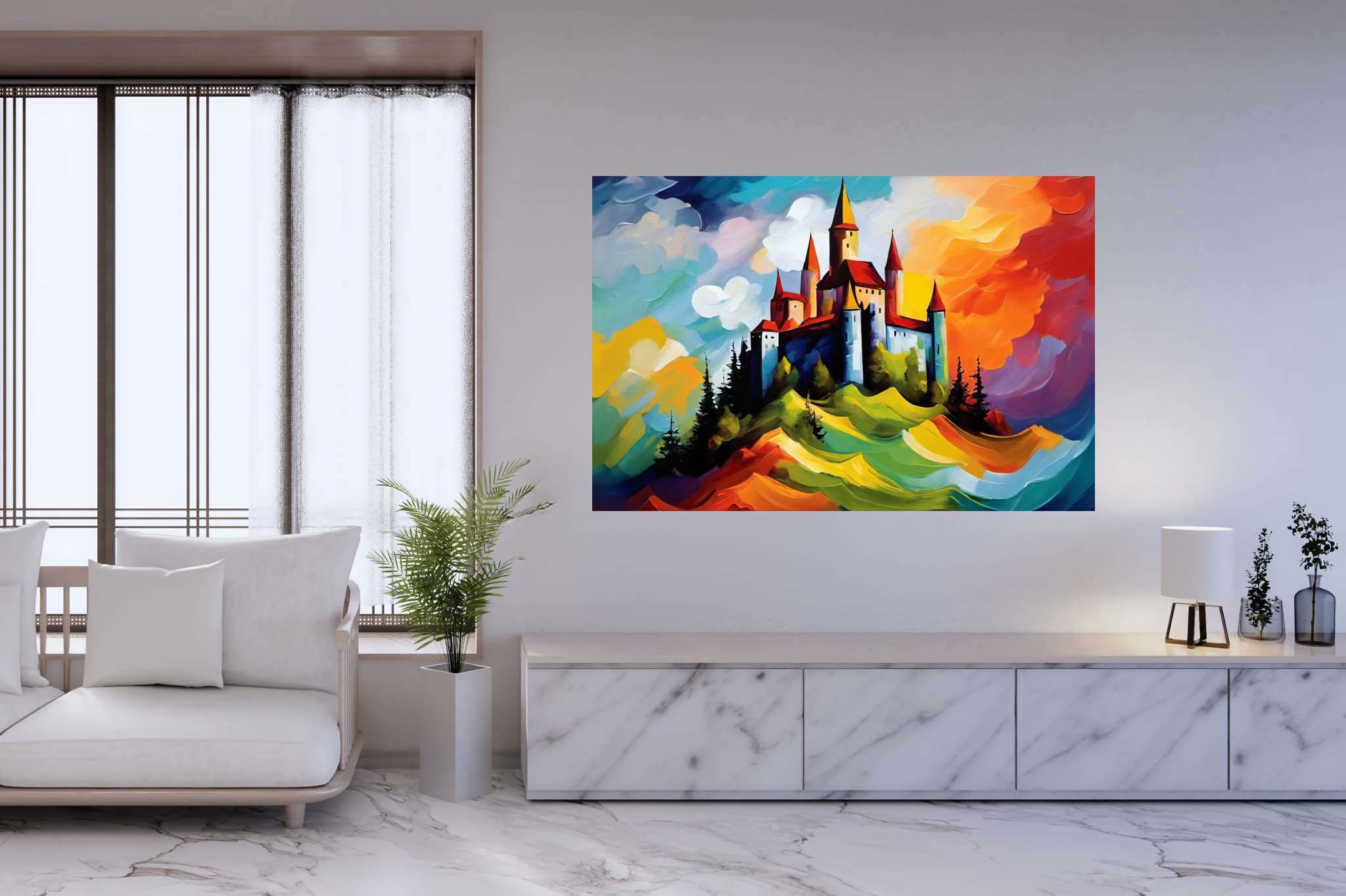 Dreamscape keep: Castle art with castle-inspired drawings, in a room with innovative layout, canvas prints, and luxe decor. The art can be printed on poster, framed poster, canvas, metal, acrylic or wood, exclusively at WallArtZen. Find this exact print at https://wallartzen.com/waz144