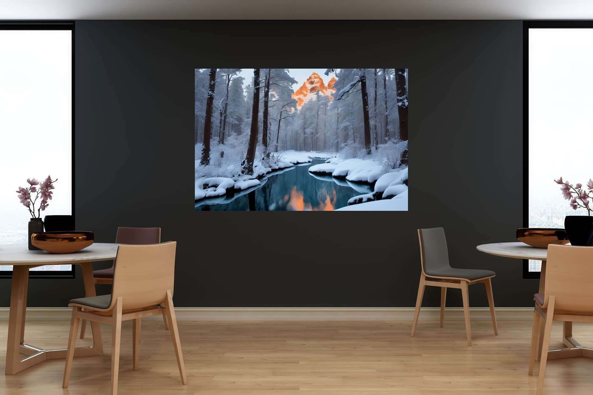 Frostbound solace: Winter landscape art with winter landscape photography, in a room with classic elegance, wall art, and luxe decor. The art can be printed on poster, framed poster, canvas, metal, acrylic or wood, exclusively at WallArtZen. Find this exact print at https://wallartzen.com/waz145