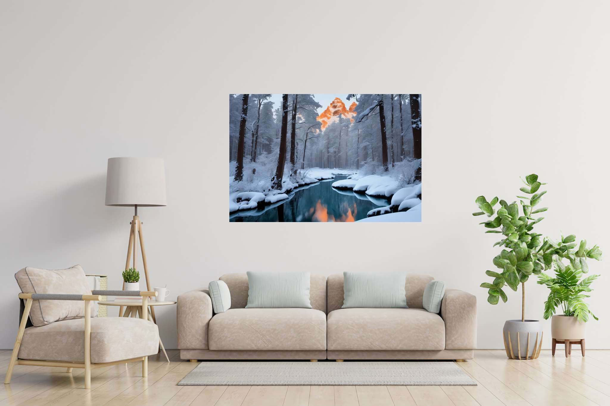 Frostbound solace: Winter landscape art with frozen landscapes, in a room with artistic style, canvas prints, and interior decorations. The art can be printed on poster, framed poster, canvas, metal, acrylic or wood, exclusively at WallArtZen. Find this exact print at https://wallartzen.com/waz145