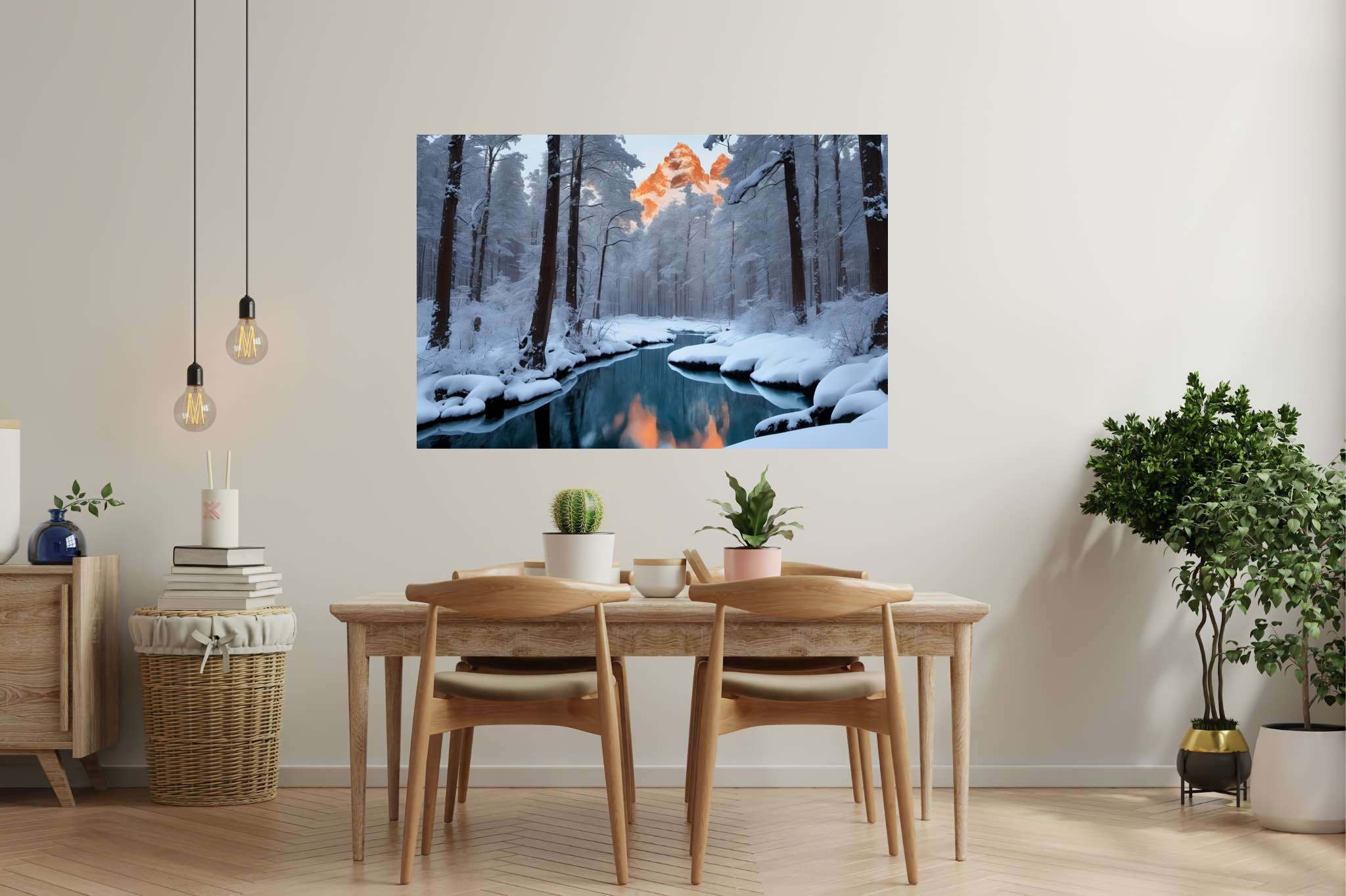 Frostbound solace: Winter landscape art with icy landscapes, in a room with classic elegance, fine art prints, and home styling items. The art can be printed on poster, framed poster, canvas, metal, acrylic or wood, exclusively at WallArtZen. Find this exact print at https://wallartzen.com/waz145
