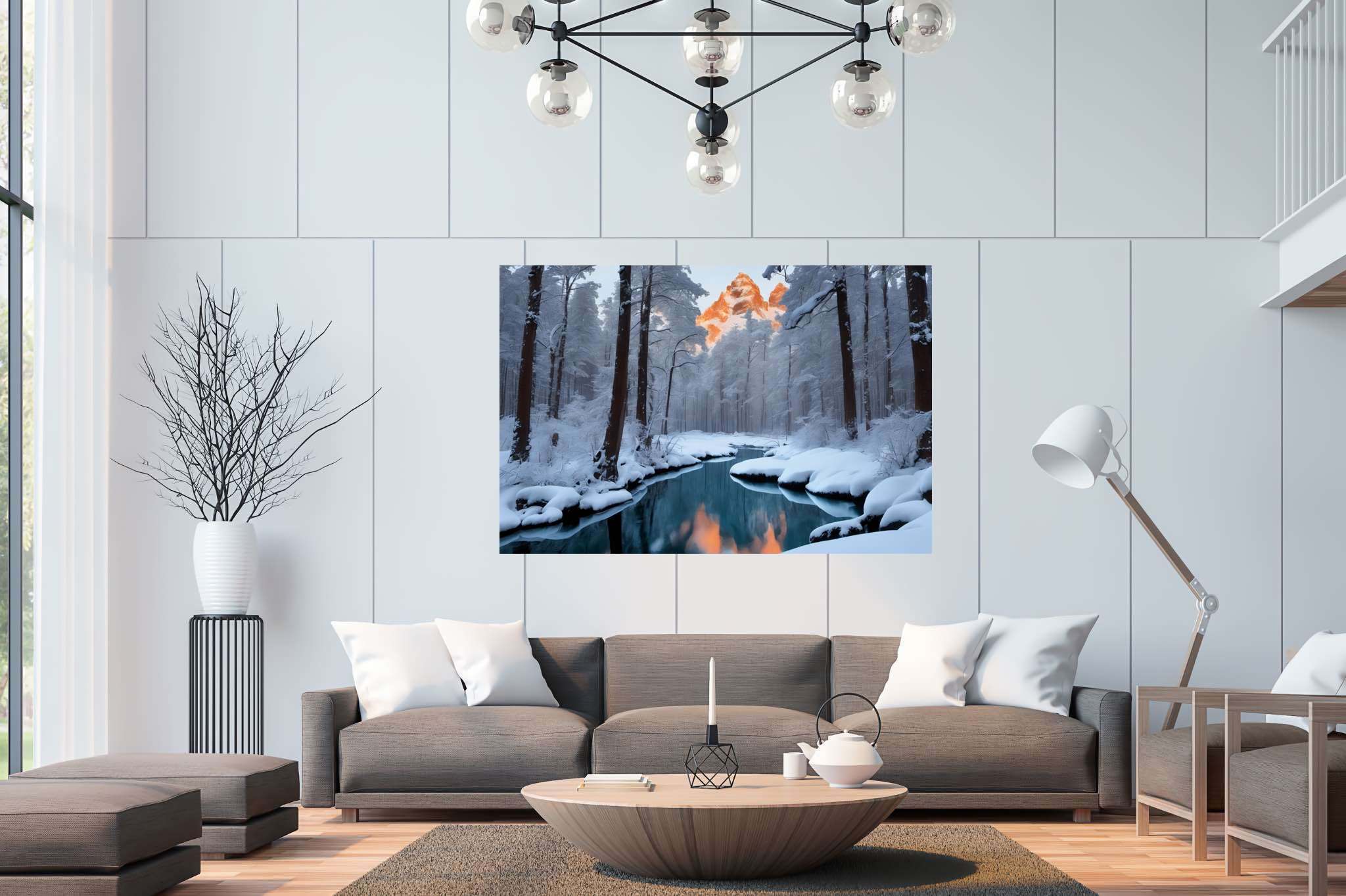 Frostbound solace: Winter landscape art with snow-covered paintings, in a room with classic elegance, framed art, and stylish accessories. The art can be printed on poster, framed poster, canvas, metal, acrylic or wood, exclusively at WallArtZen. Find this exact print at https://wallartzen.com/waz145