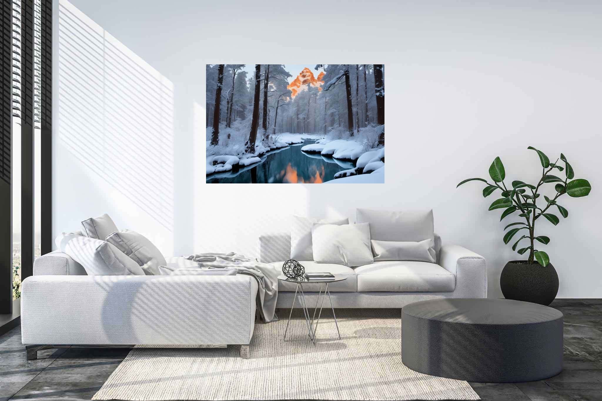 Frostbound solace: Winter landscape art with winter landscape paintings, in a room with innovative layout, gallery-quality artwork, and home styling items. The art can be printed on poster, framed poster, canvas, metal, acrylic or wood, exclusively at WallArtZen. Find this exact print at https://wallartzen.com/waz145